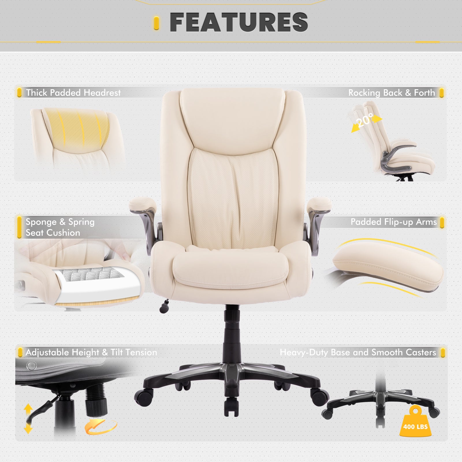 COLAMY PU Leather Big & Tall Office Chair 400lbs Computer Chair Model.5309 Cap.181kg
