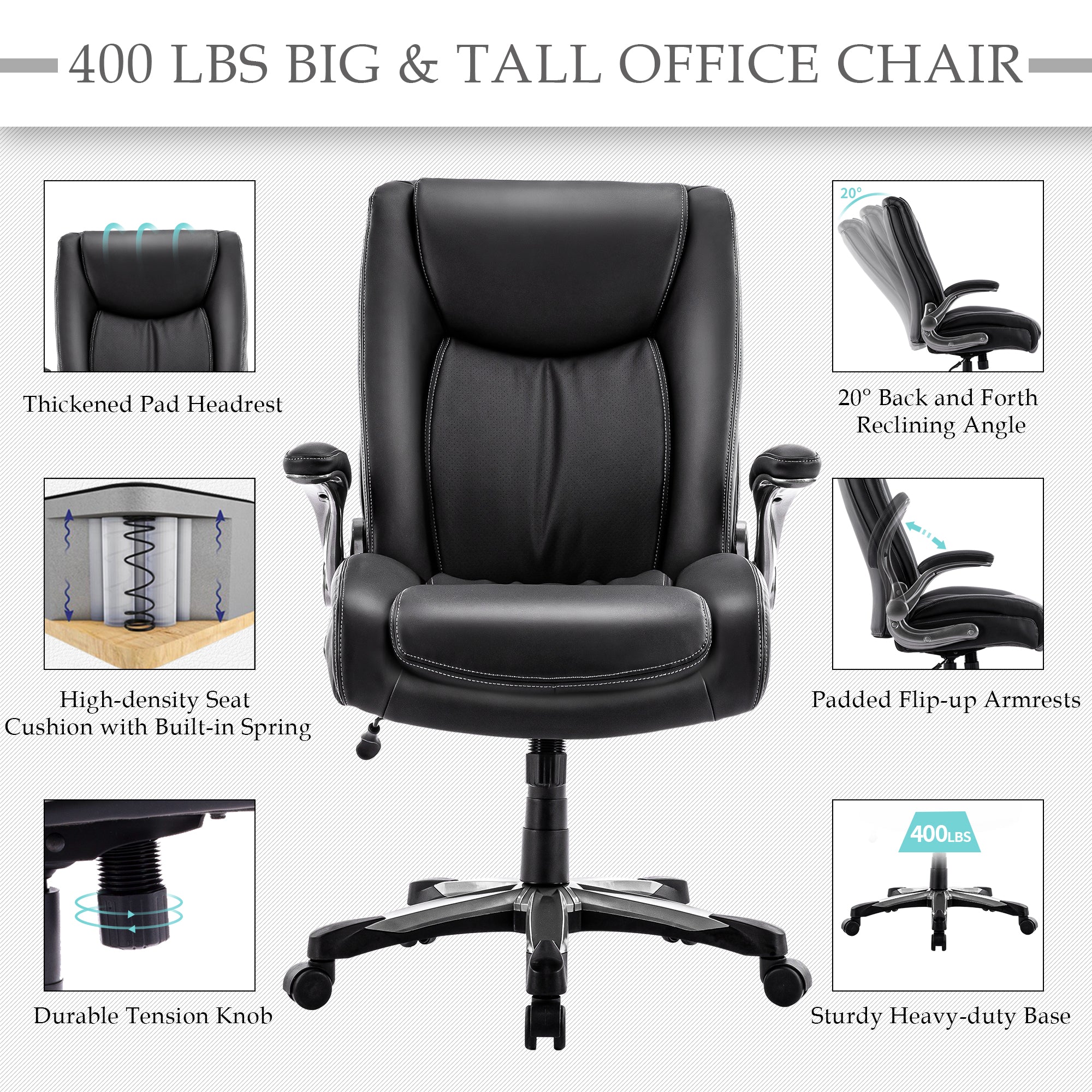 COLAMY PU Leather Big & Tall Office Chair 400lbs Computer Chair Model.5309 Cap.181kg