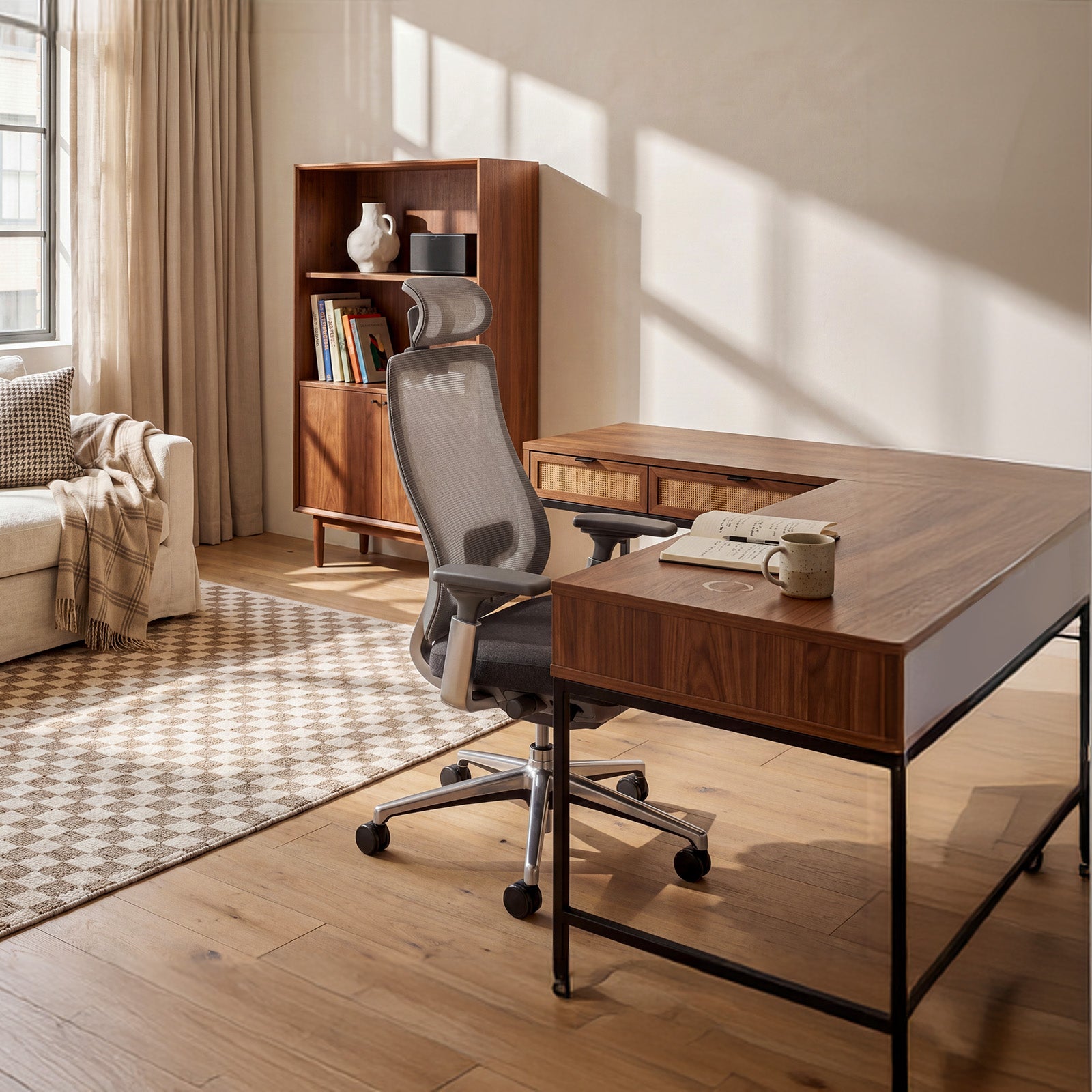 COLAMY ATLAS ergonomic mesh office chair for home office with adjustable headrest and grey fabric seat
