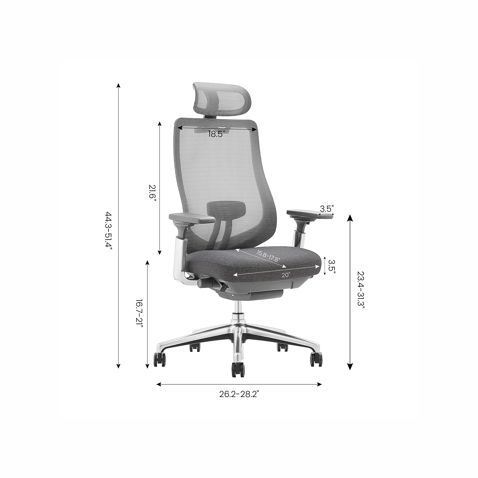 COLAMY ATLAS ergonomic office chair dimensions with adjustable seat height and backrest size