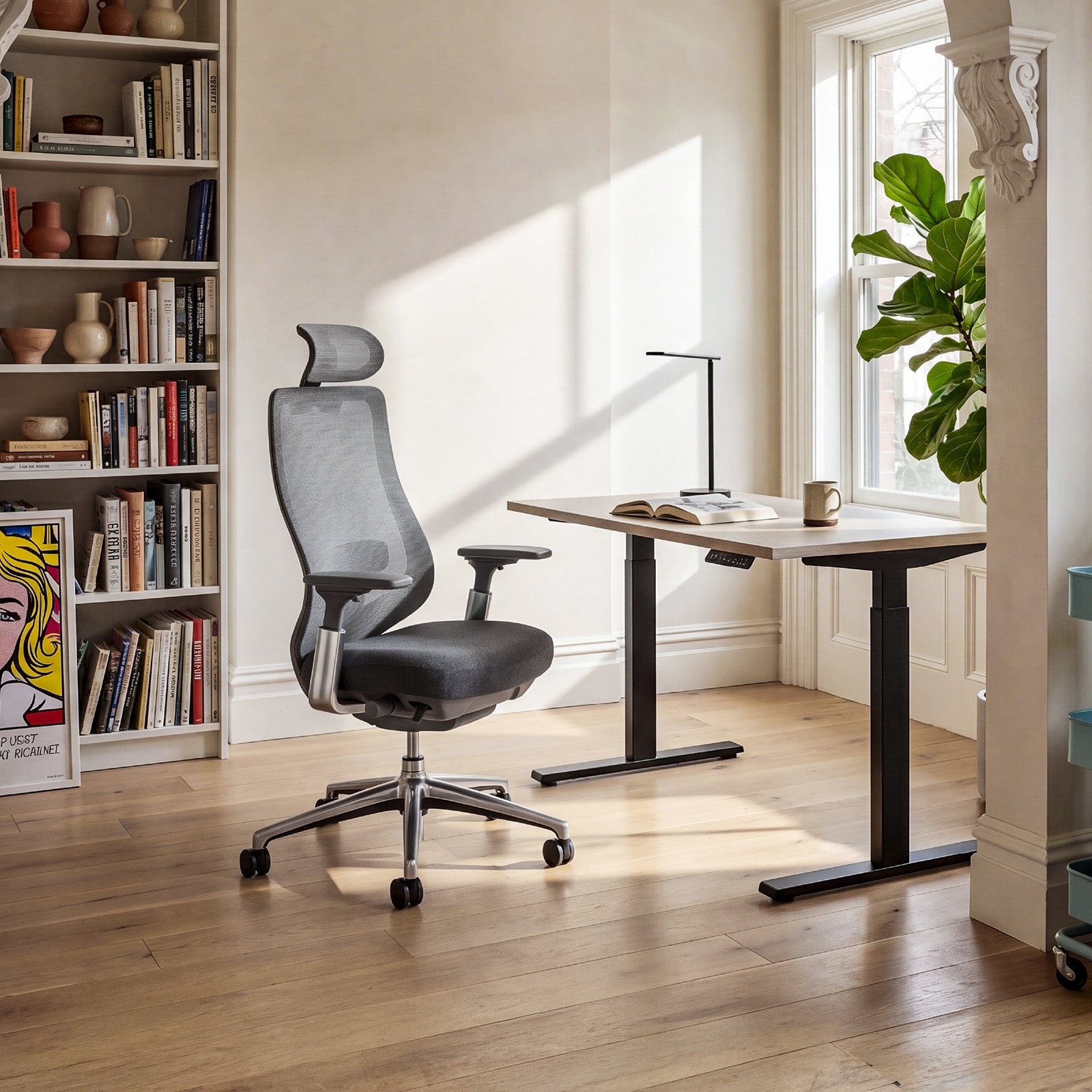 COLAMY ATLAS ergonomic office chair with mesh back paired with a height adjustable work desk