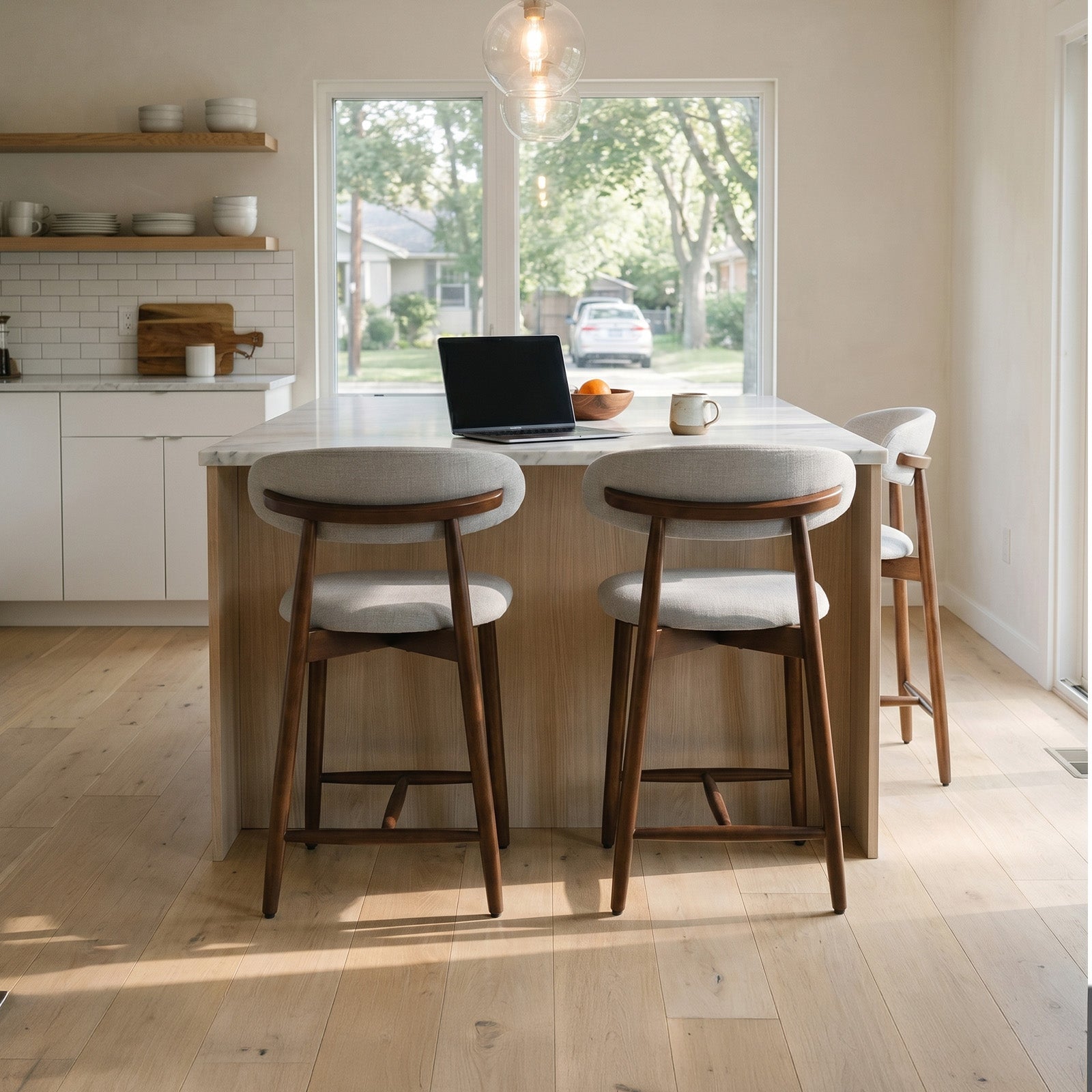 COLAMY ARLA beige counter stools with curved upholstered backs for kitchen island seating