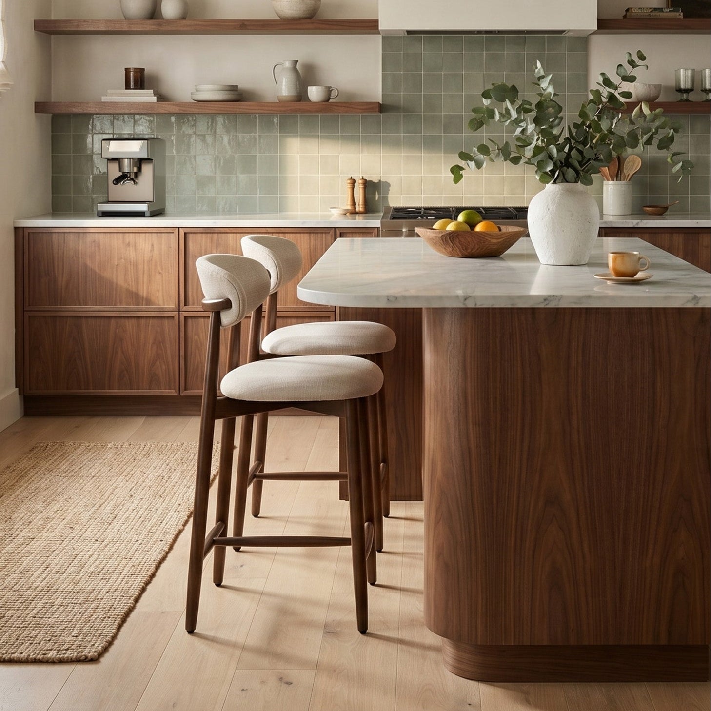 COLAMY ARLA beige fabric kitchen island stools with wooden frames in a warm modern kitchen
