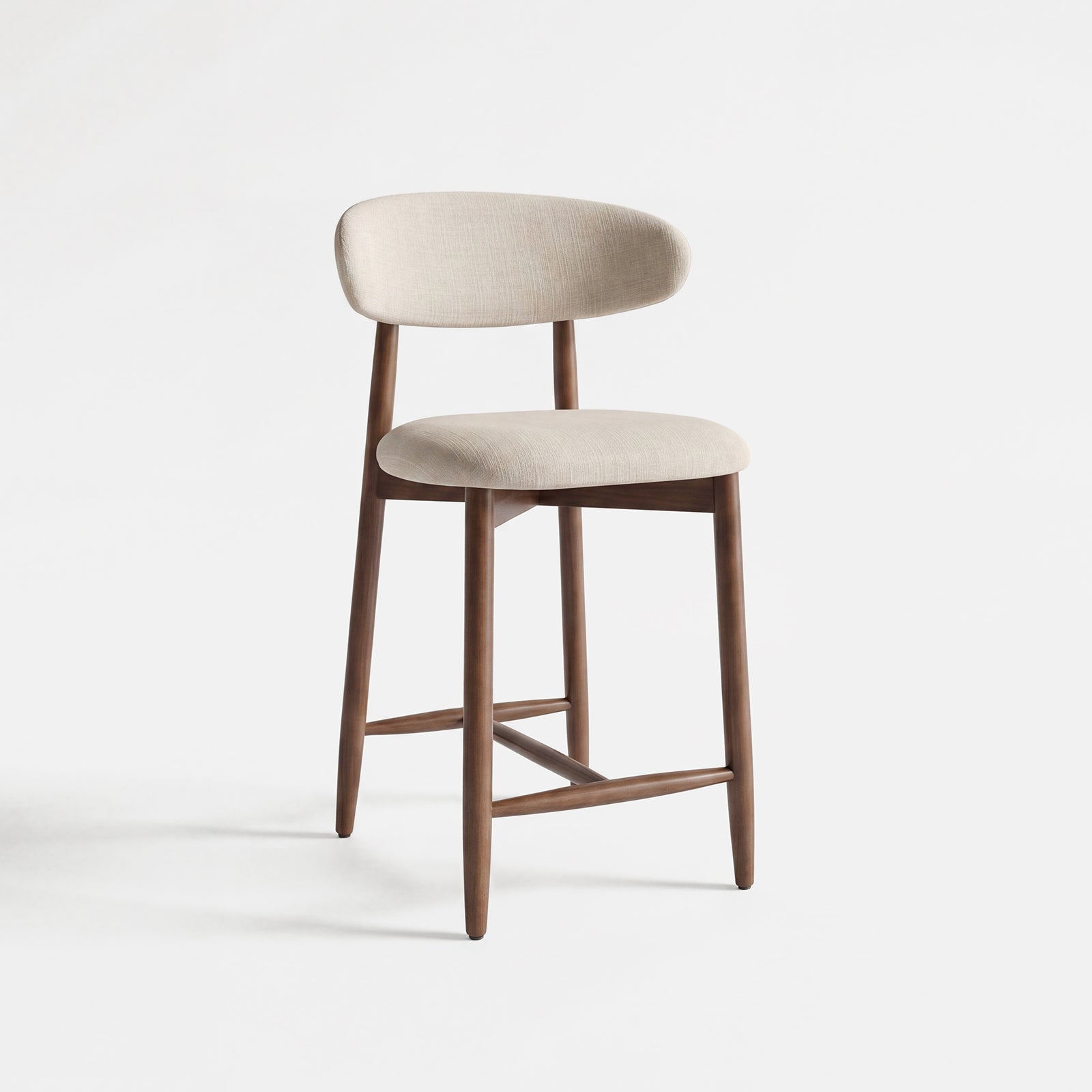 COLAMY ARLA beige upholstered counter stool with wooden legs and curved backrest