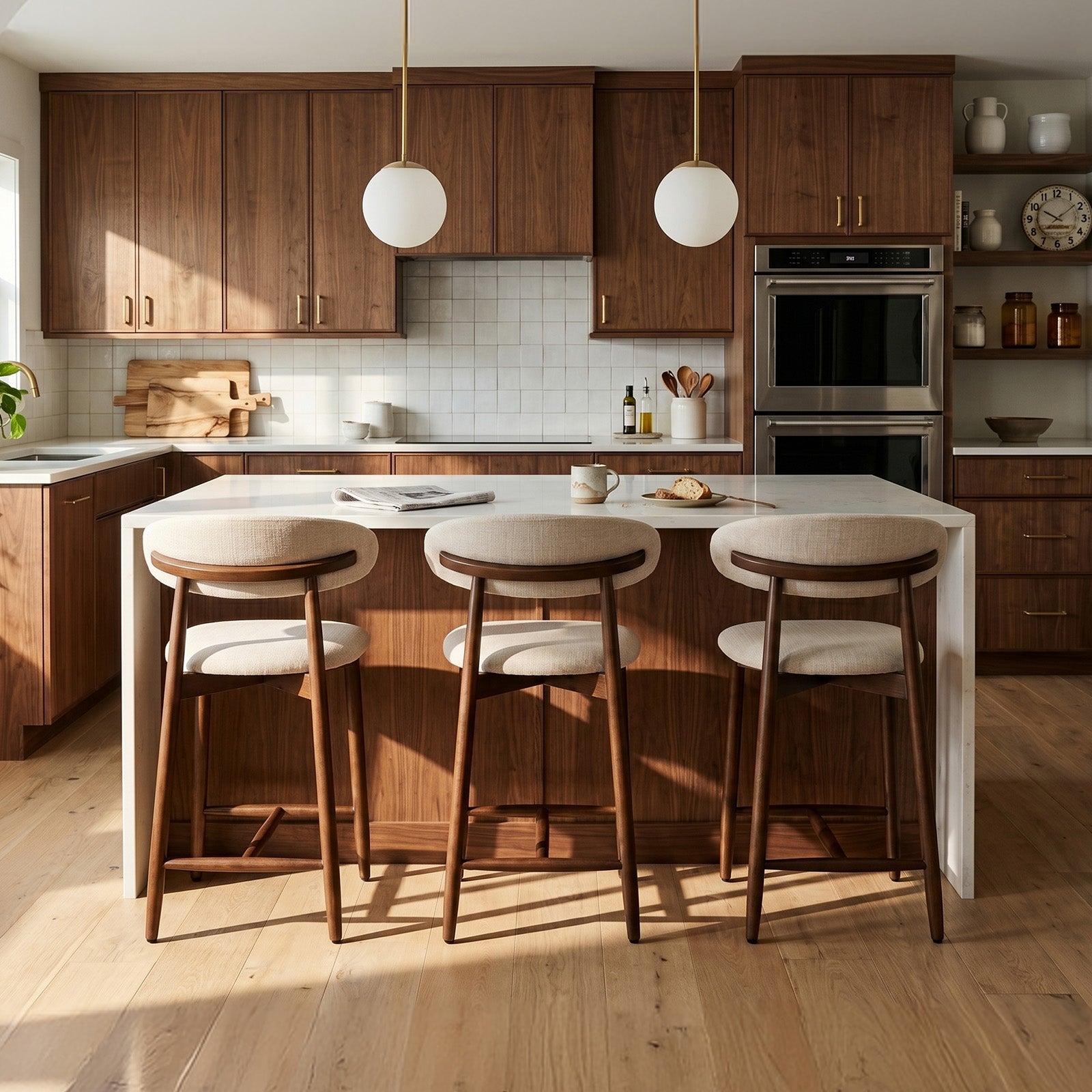 COLAMY ARLA beige upholstered counter stools at a wooden kitchen island
