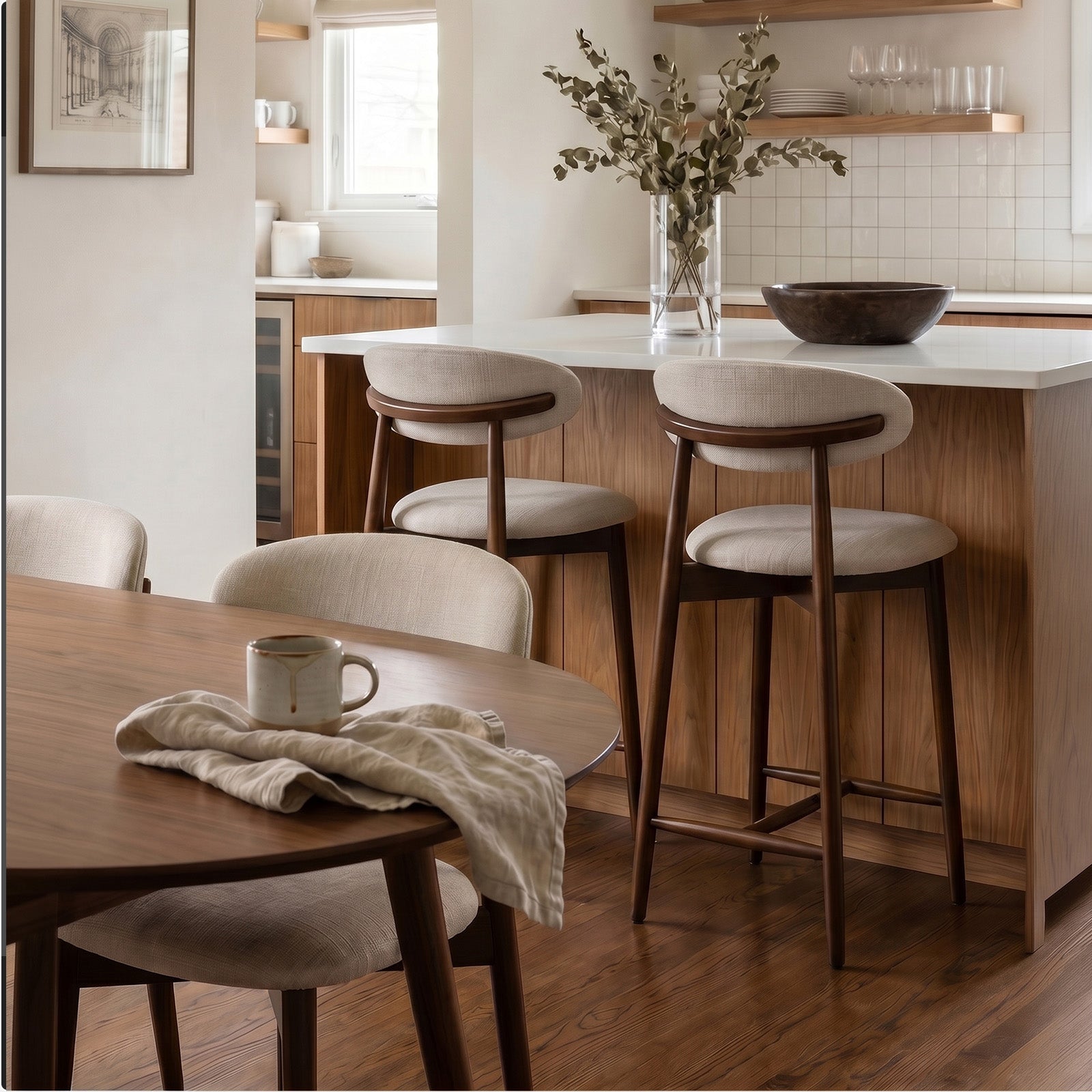 COLAMY ARLA beige upholstered counter stools with wooden legs for a warm kitchen island