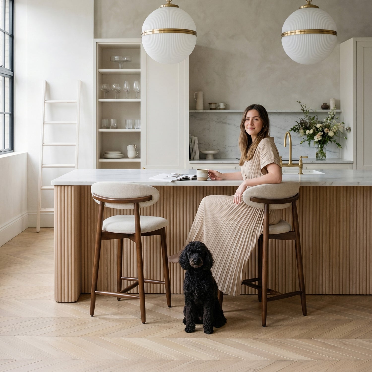 COLAMY ARLA beige upholstered counter stools with wooden legs in a bright kitchen island setting