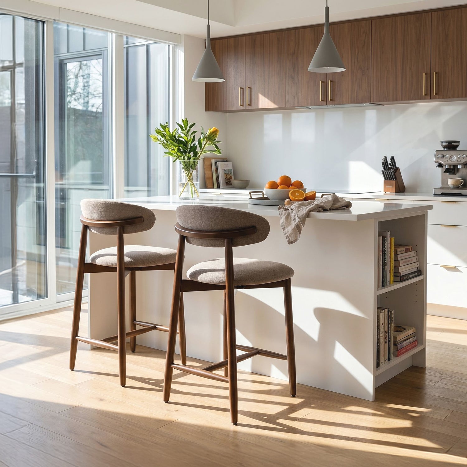 COLAMY ARLA camel upholstered kitchen island stools with wooden legs in a modern kitchen