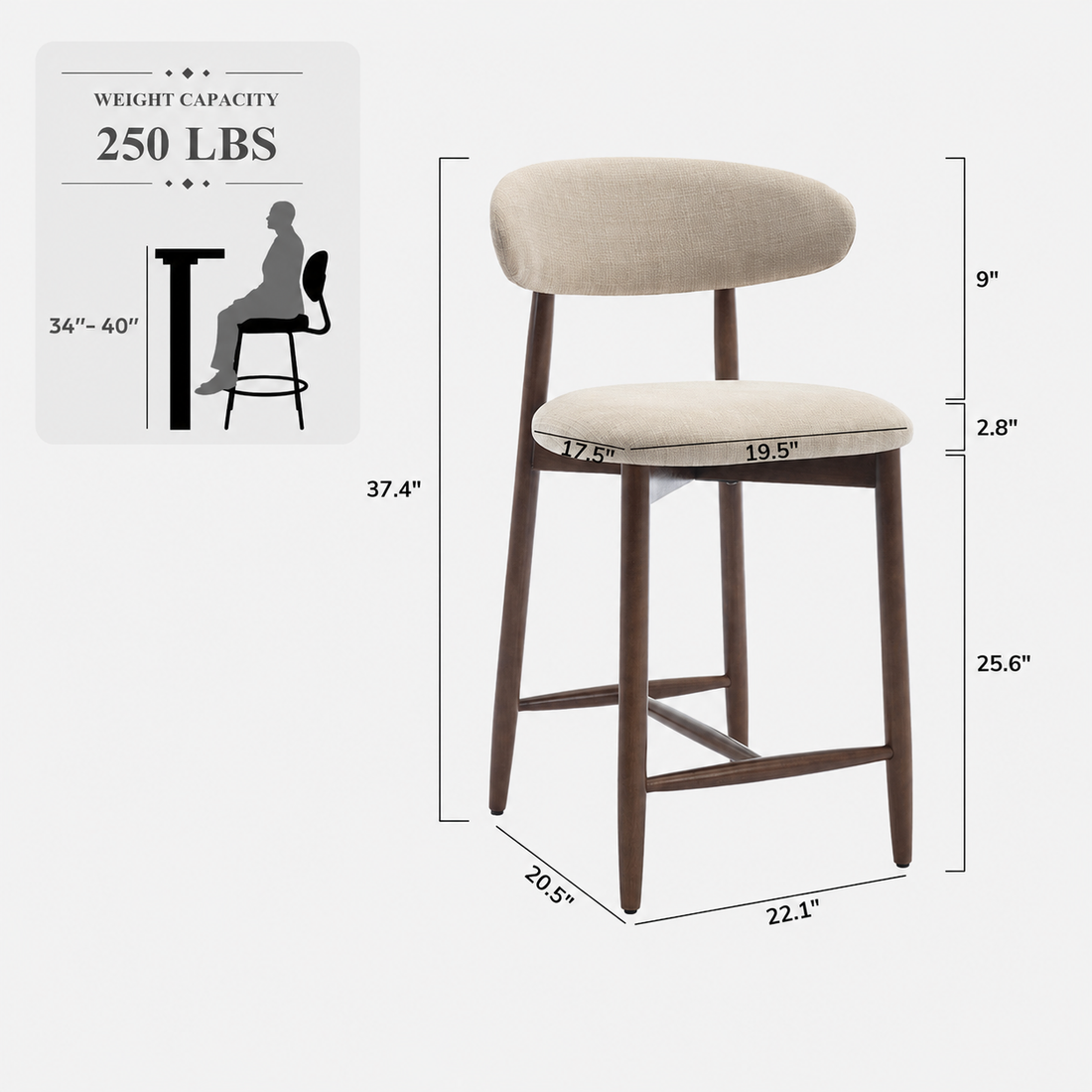 ARLA counter stool dimensions with 25.6 inch seat height and counter fit