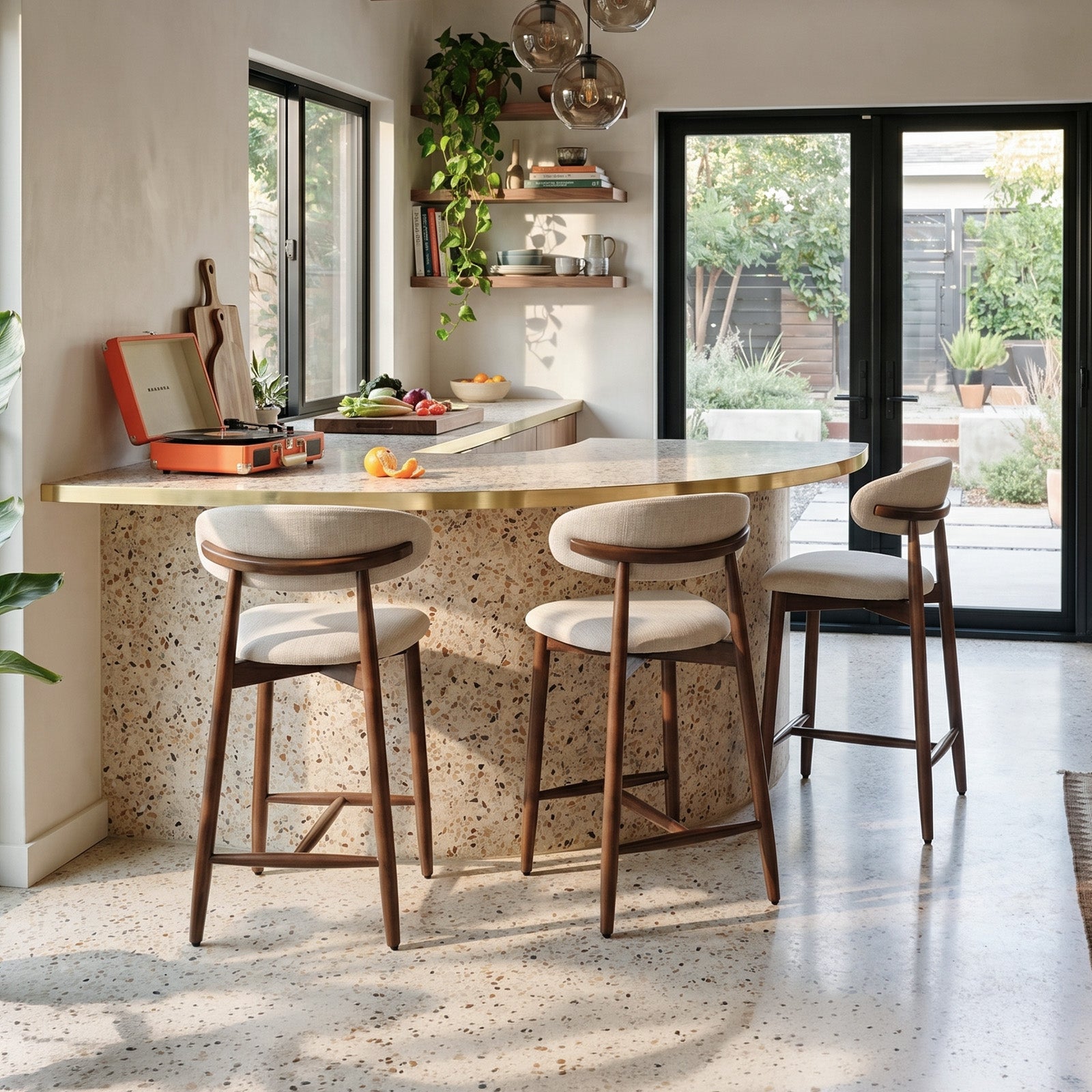COLAMY ARLA upholstered kitchen counter stools with curved backs and wooden legs