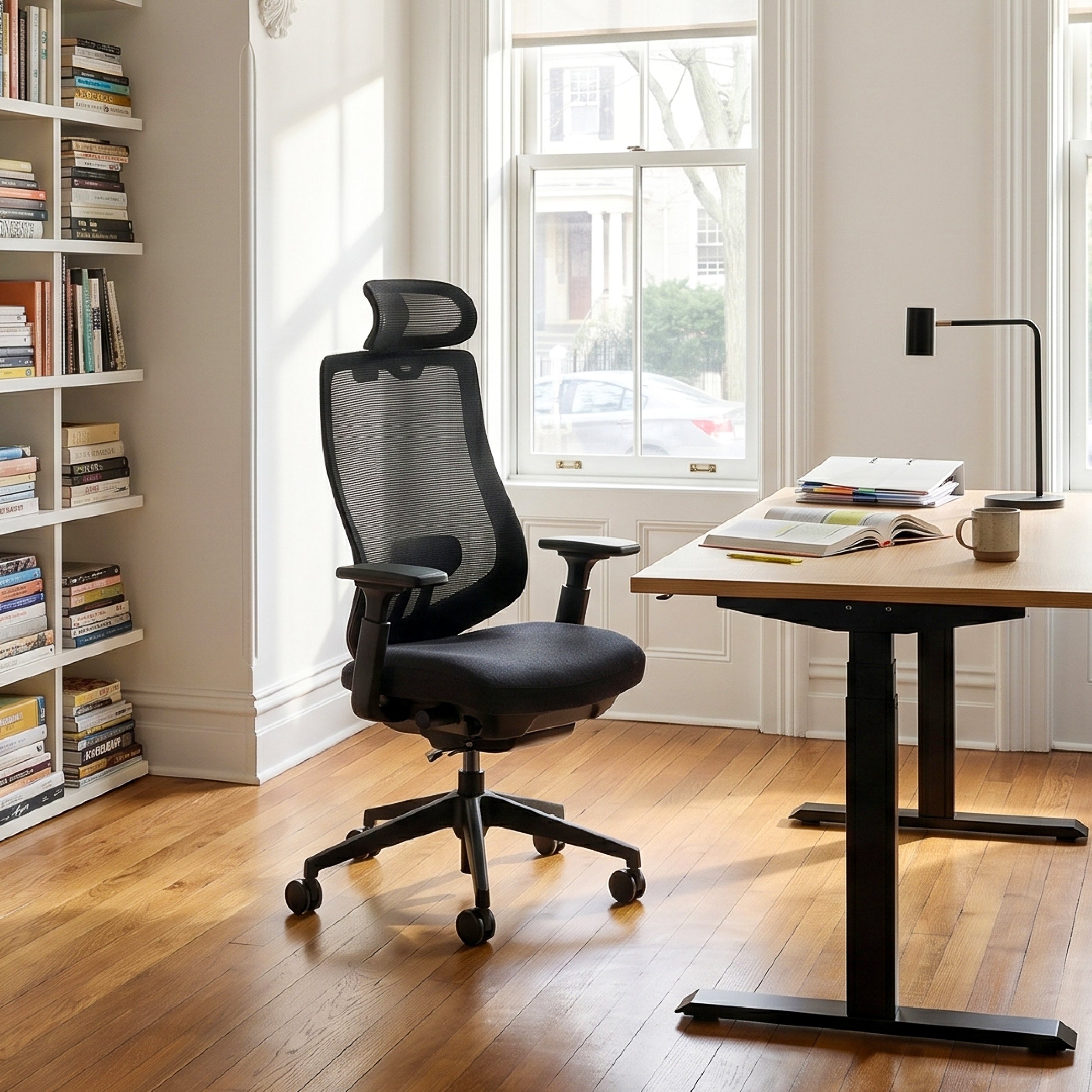 COLAMY ATLAS-01 black ergonomic office chair beside a desk in a bright home workspace
