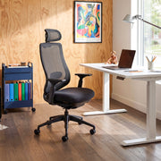 COLAMY ATLAS-01 black high back mesh office chair beside a height adjustable desk
