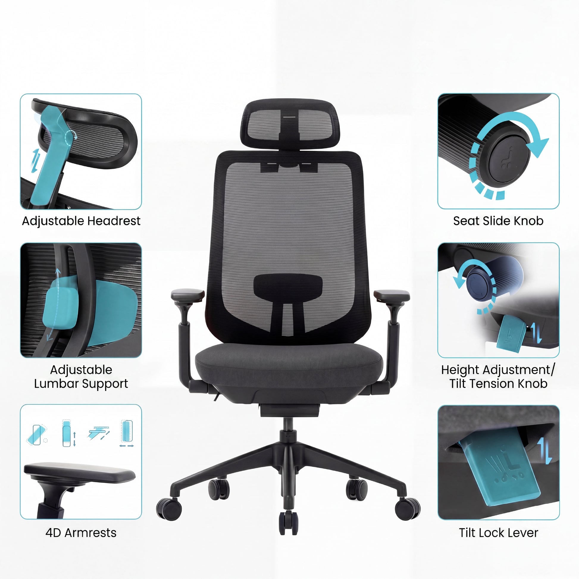 COLAMY ATLAS-01 ergonomic office chair adjustment features including headrest lumbar support and 4D armrests