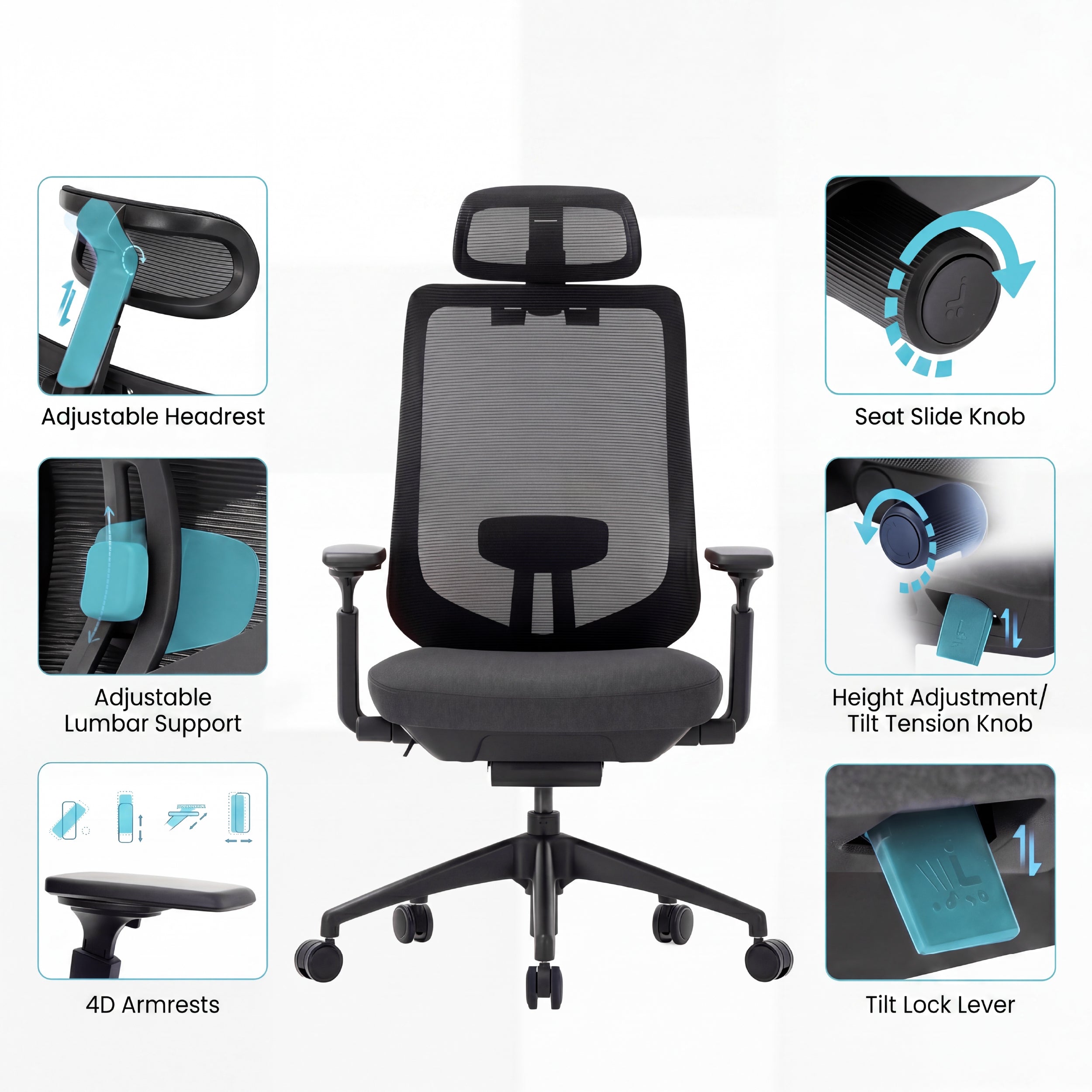 COLAMY ATLAS-01 ergonomic office chair adjustment features including headrest lumbar support and 4D armrests