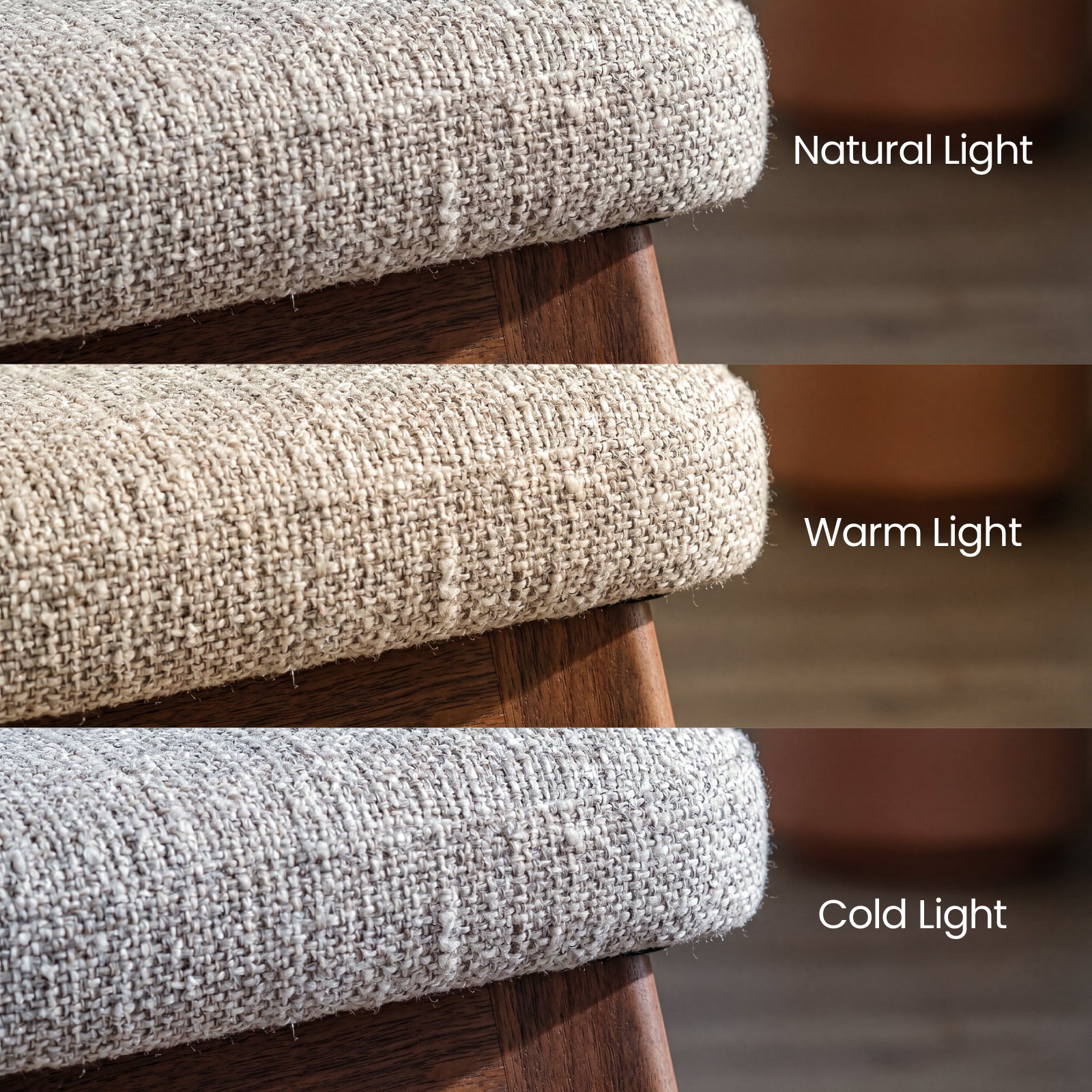 COLAMY HALO mixed-weave upholstery close-up showing fabric texture under natural warm and cold light