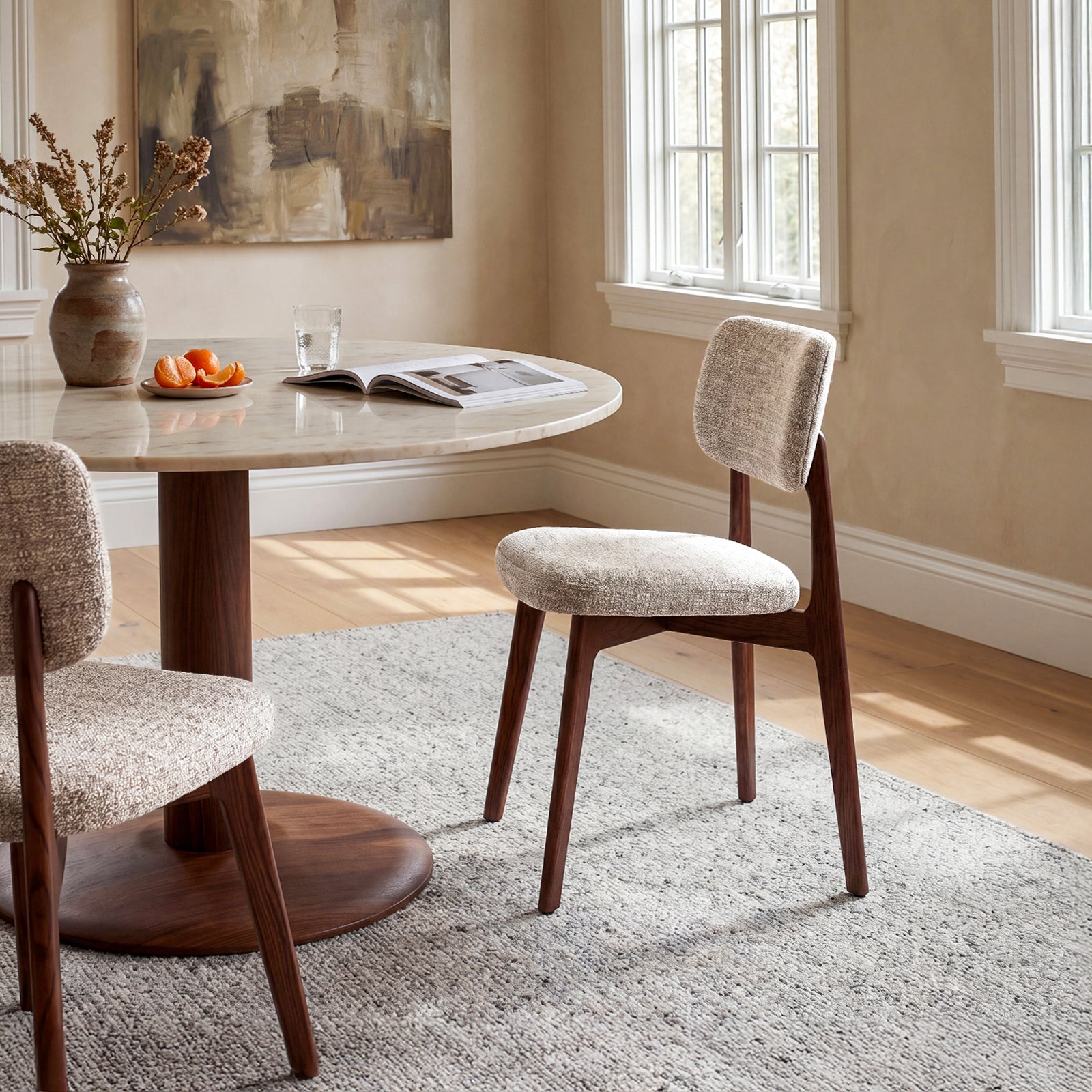 COLAMY HALO oatmeal upholstered dining chairs with walnut red oak frame in a bright dining room