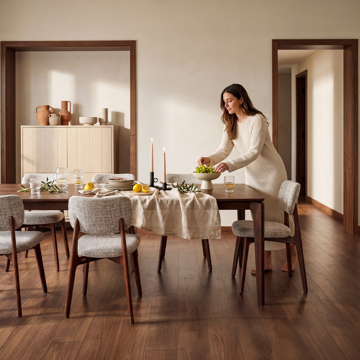 COLAMY HALO upholstered dining chairs around a wooden dining table in a warm modern dining room