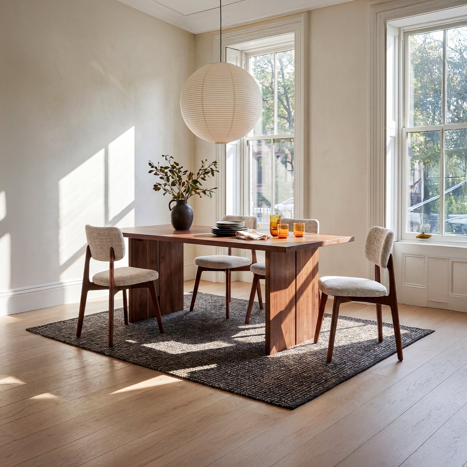 COLAMY HALO upholstered dining chairs with walnut red oak frames in a sunlit modern dining room