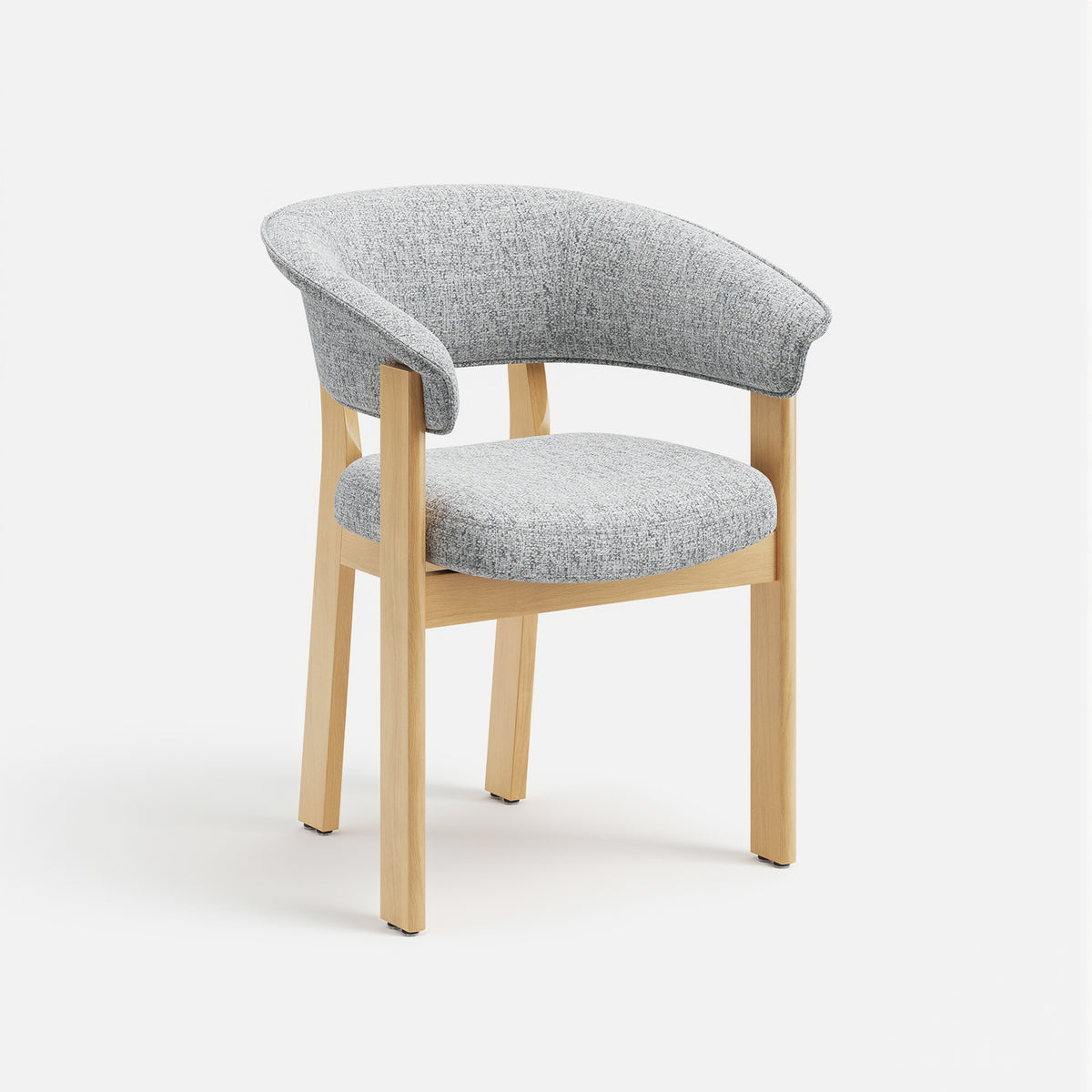 COLAMY Halo Luxe light grey upholstered dining chair with natural solid oak frame, front three-quarter view