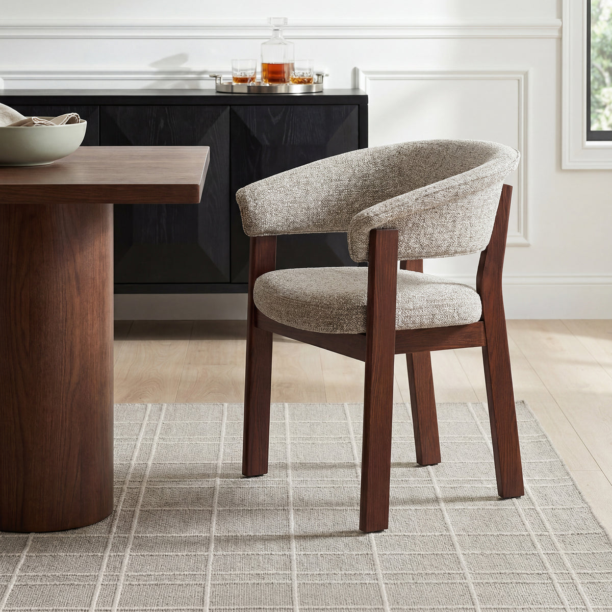 COLAMY Halo Luxe oatmeal upholstered armchair with walnut-finished solid oak frame in a modern dining room