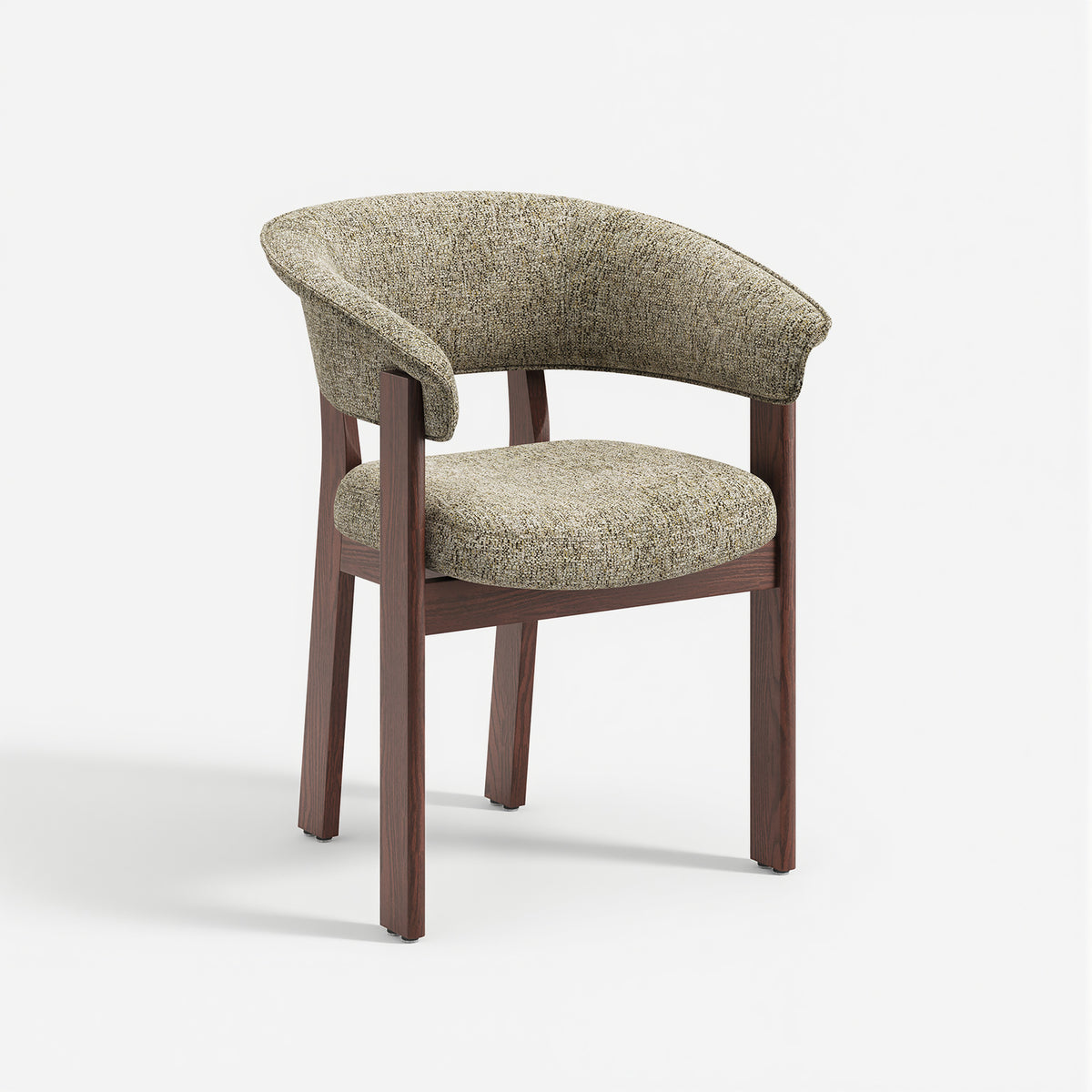 COLAMY Halo Luxe oatmeal upholstered dining chair with a curved backrest and dark solid oak frame