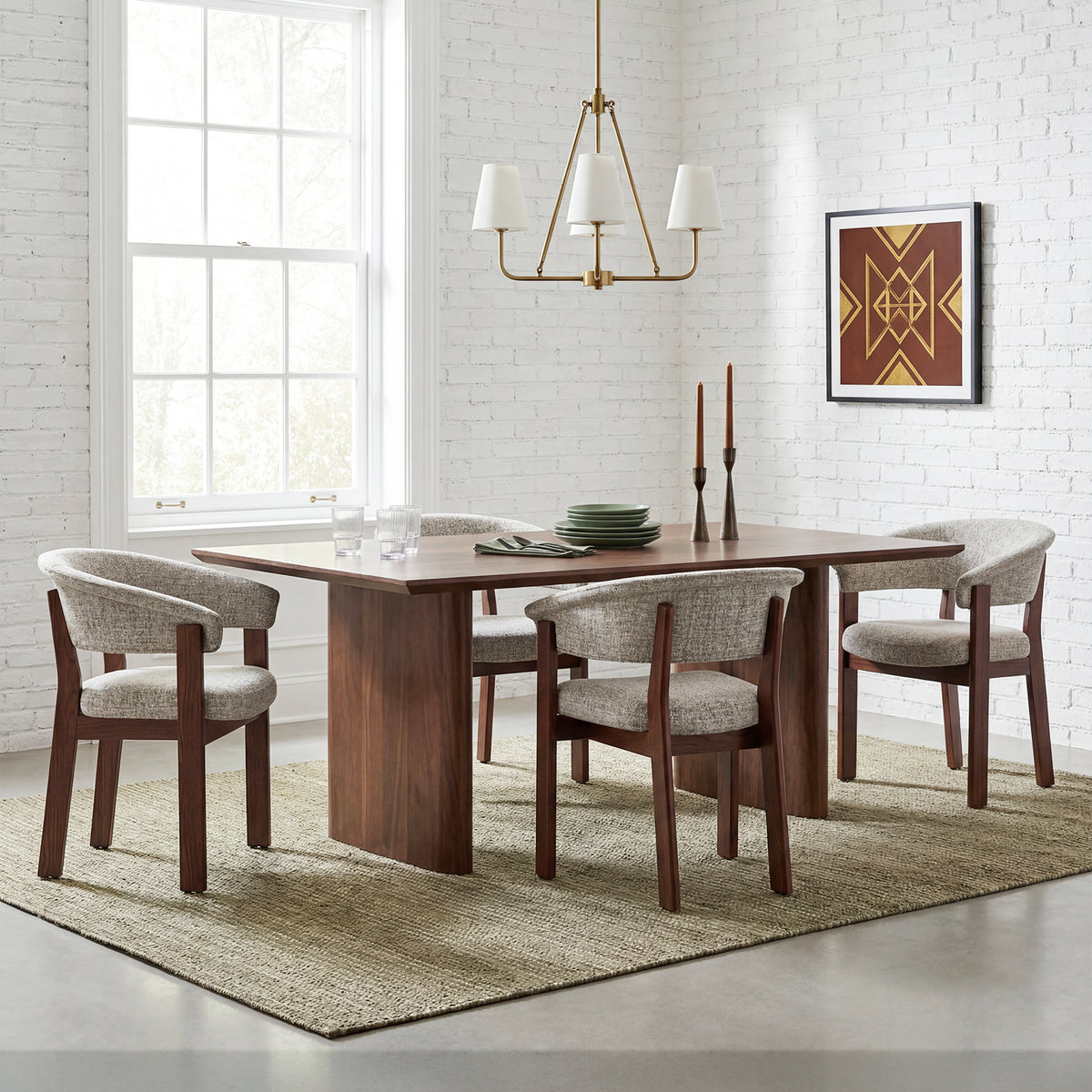 COLAMY Halo Luxe upholstered dining chair set with walnut-finished solid oak frames in a bright modern dining room
