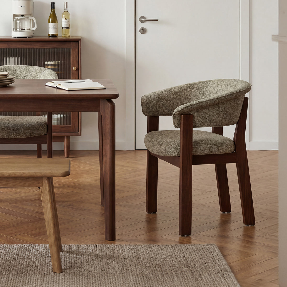 COLAMY Halo Luxe upholstered dining chair with walnut solid oak frame in a modern dining room setting