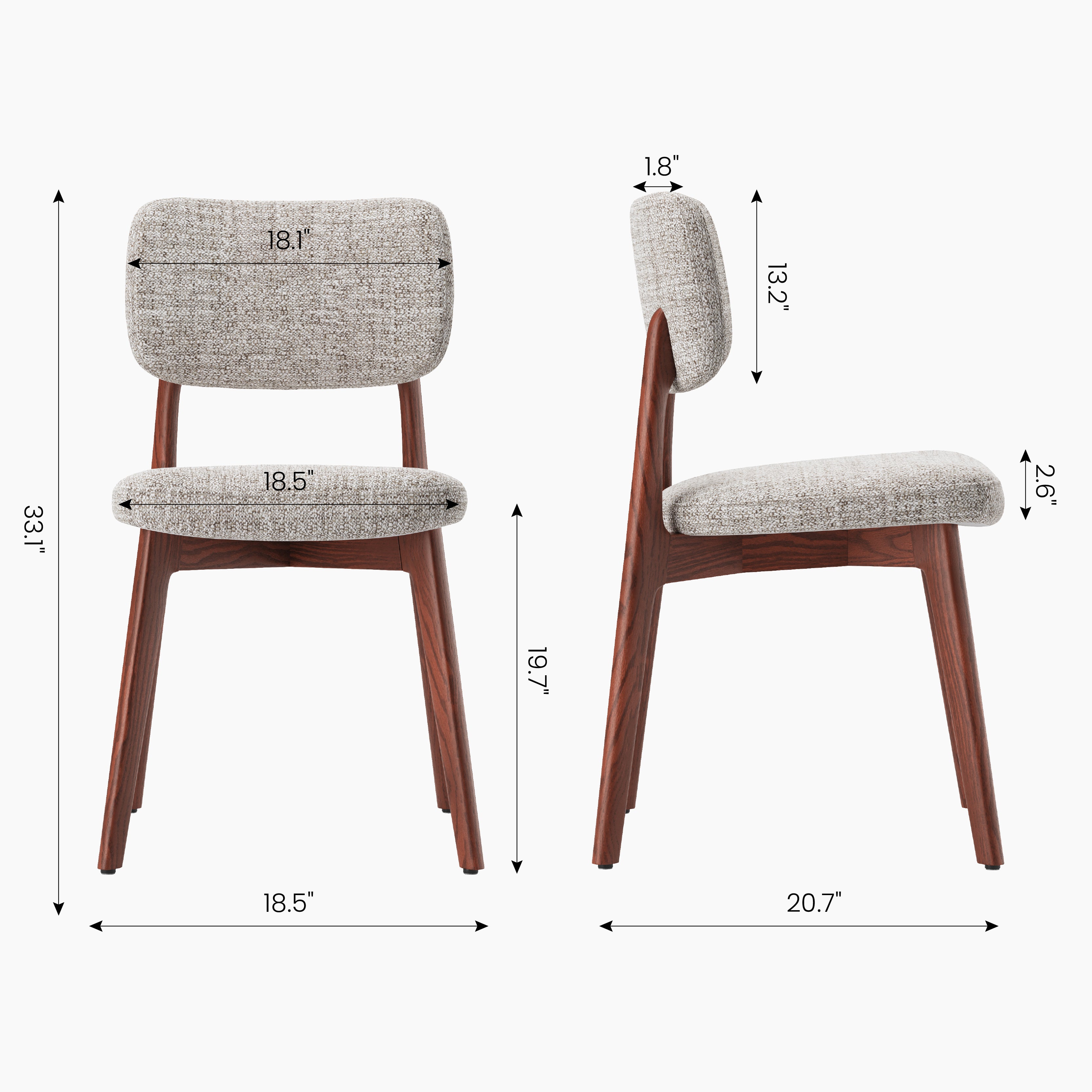 COLAMY NOYA Prime upholstered dining chair dimensions diagram showing seat height width depth and backrest size