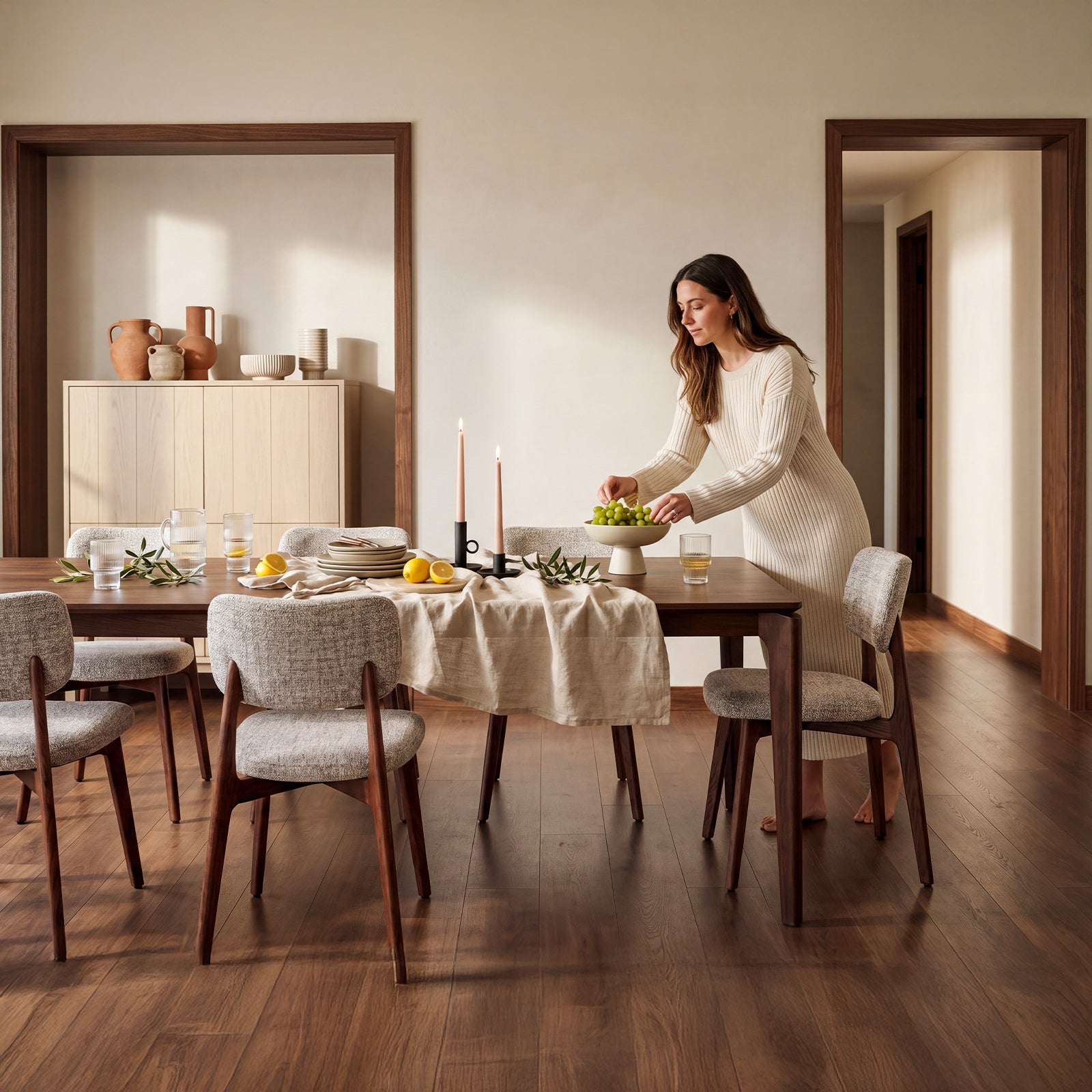 COLAMY NOYA Prime upholstered dining chairs around a wooden dining table in a warm modern dining room