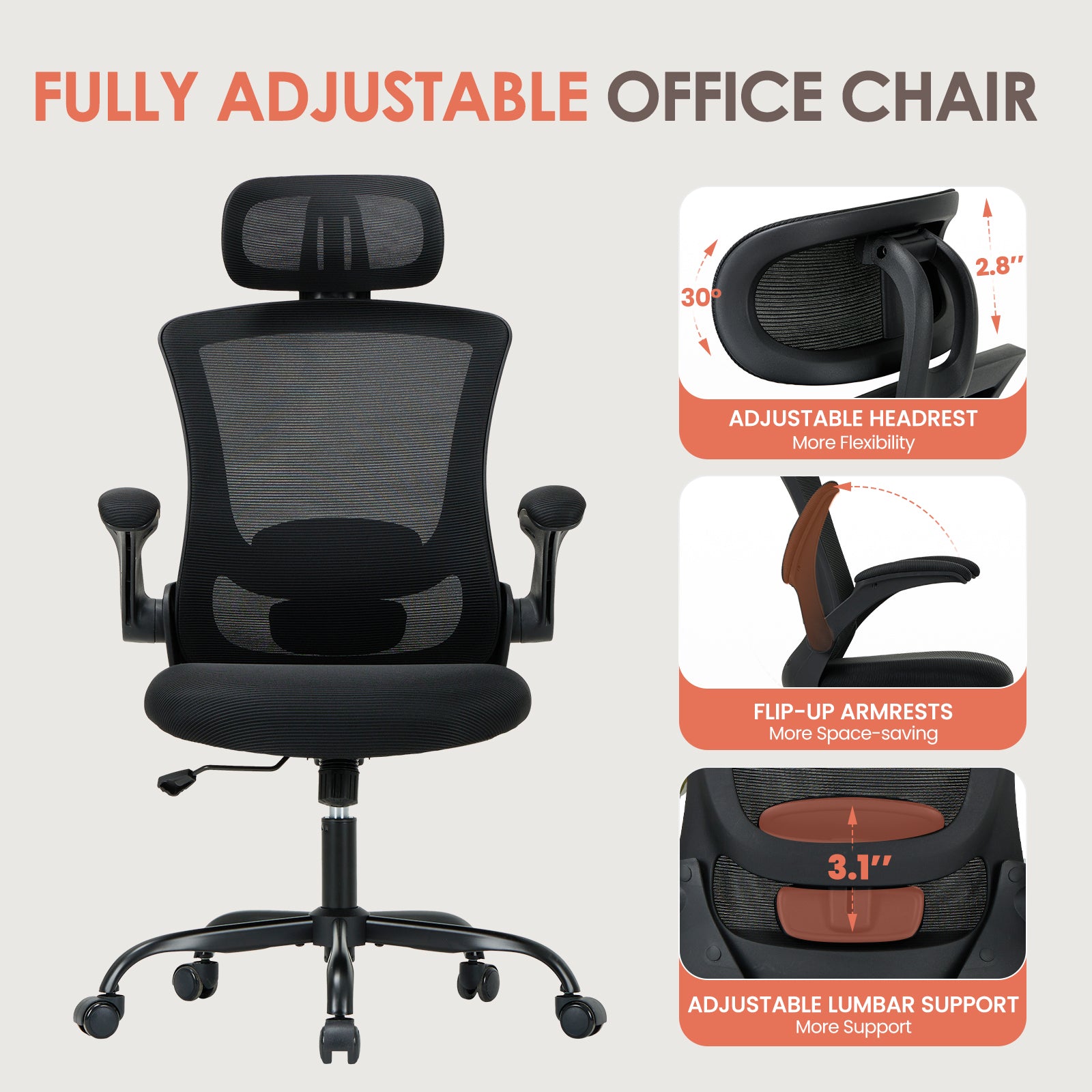 COLAMY Ergonomic Mesh Office Chair with Lumbar Support Model.9050 Cap.125kg