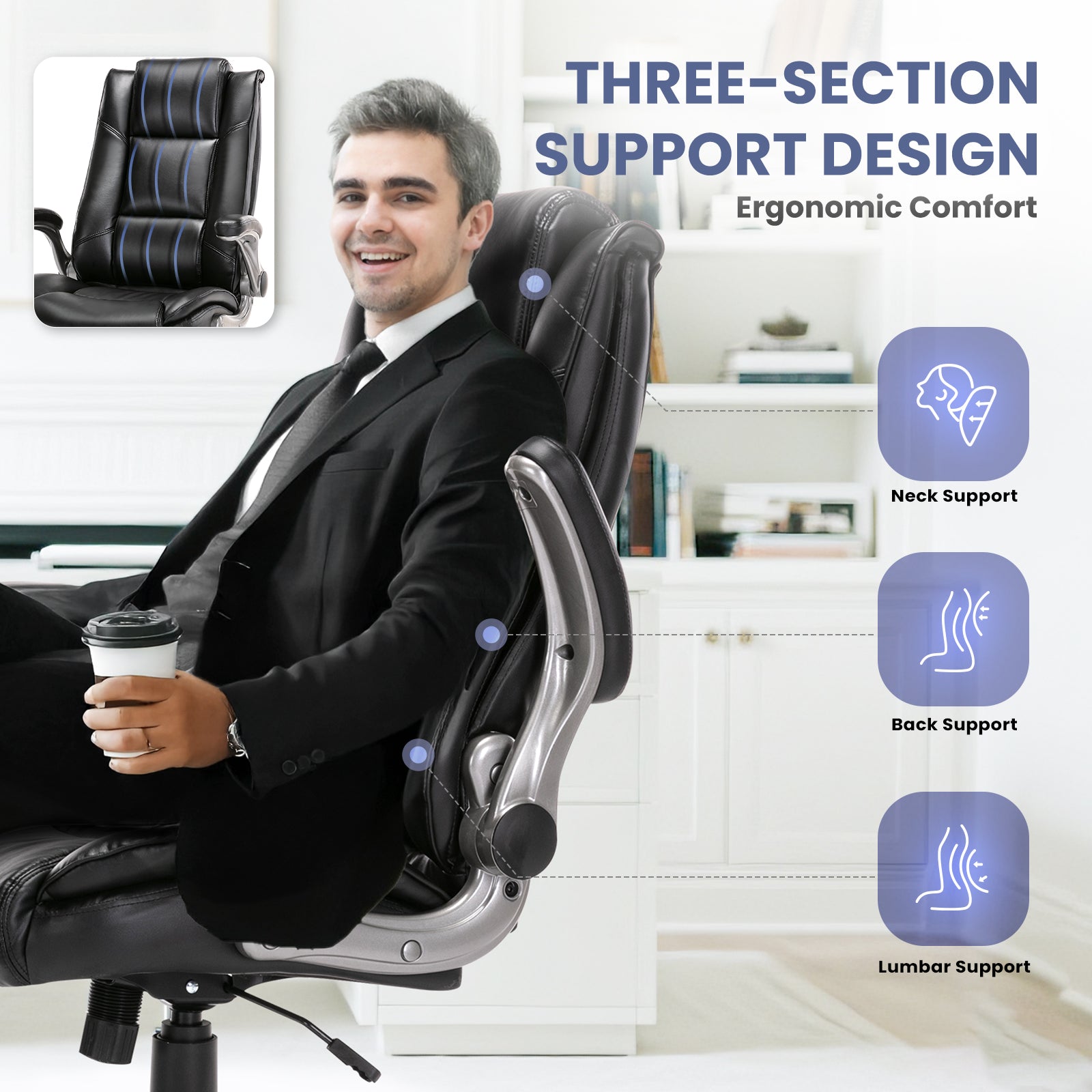 COLAMY 300LBS Ergonomic Lether Office Chair with Flip-up Armrests Model 2199