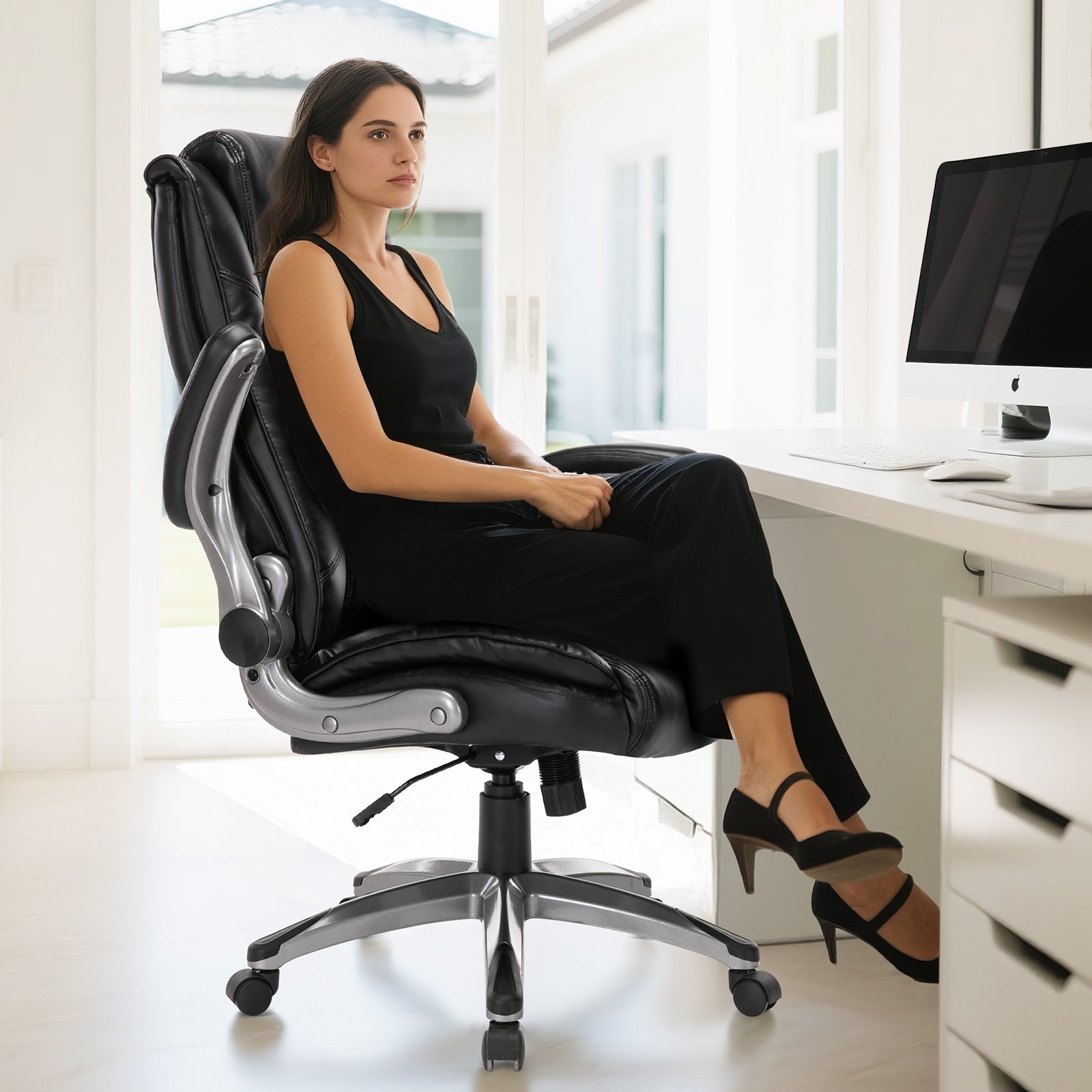 COLAMY 300LBS Ergonomic Lether Office Chair with Flip-up Armrests Model 2199