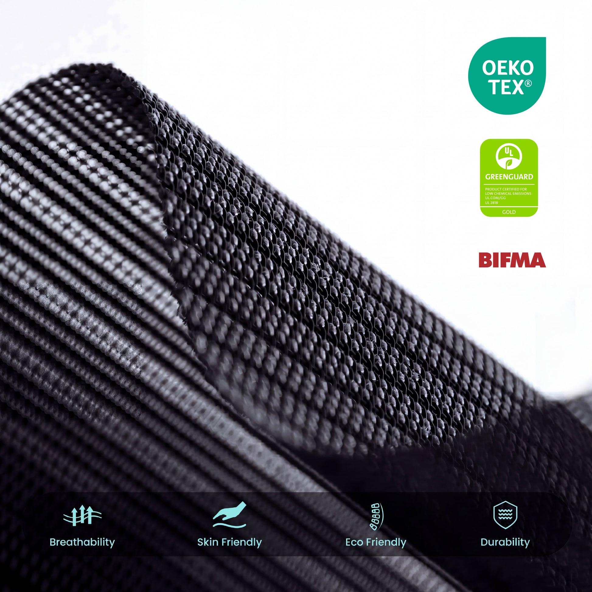 Close-up of COLAMY ATLAS-01 breathable mesh fabric with OEKO-TEX GREENGUARD Gold and BIFMA labels