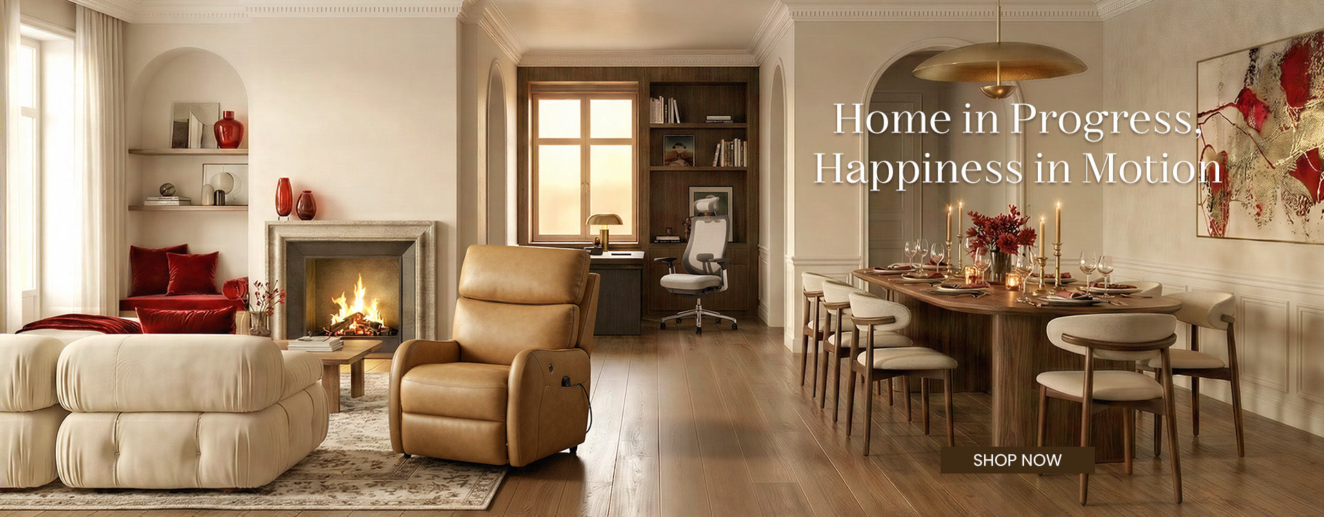 Living room with beige armchair, fireplace, and dining table with chairs.
