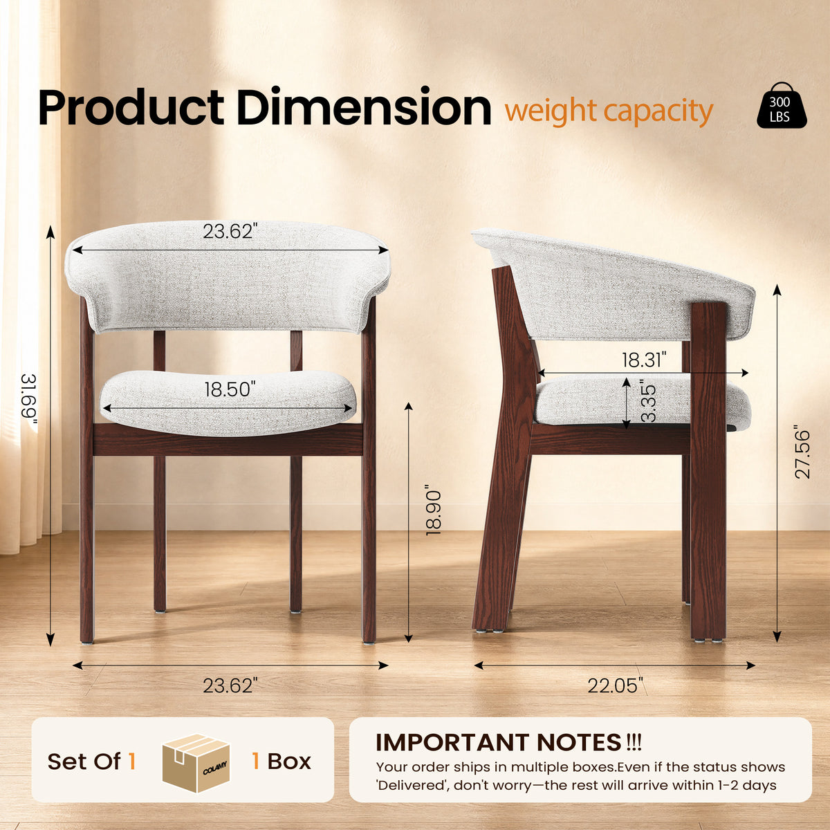 Halo Luxe upholstered dining chair dimensions with an 18.9-inch seat height and 300 lb weight capacity
