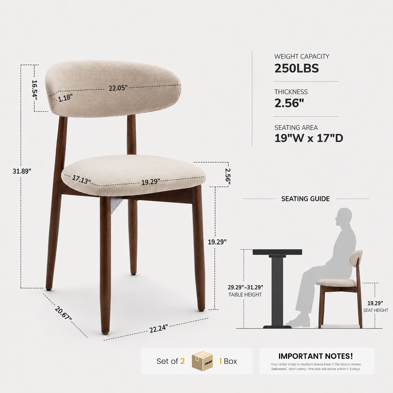 NOYA dining chair dimensions with seat height and recommended dining table height