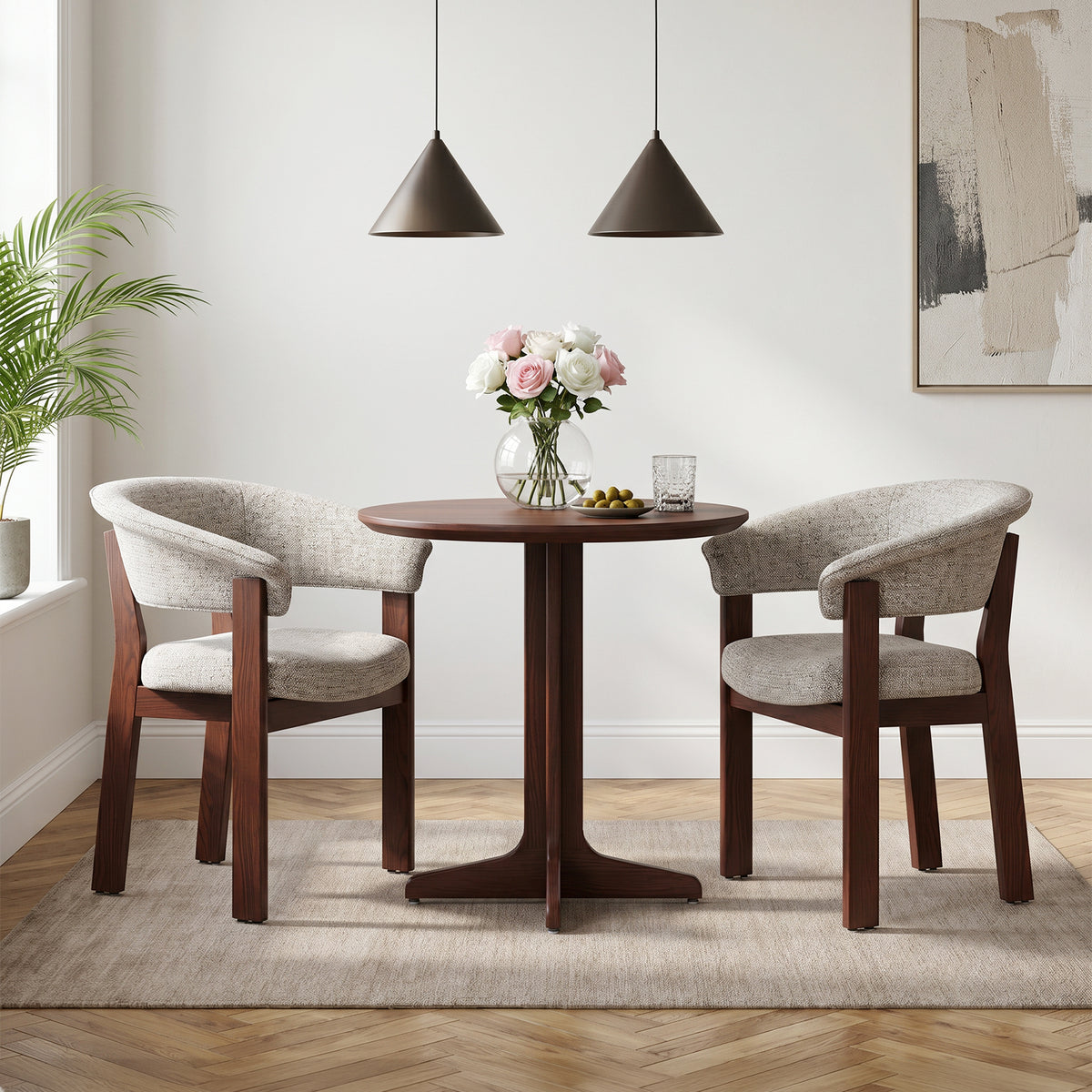 Pair of COLAMY Halo Luxe oatmeal upholstered dining chairs with walnut solid oak frames around a round table