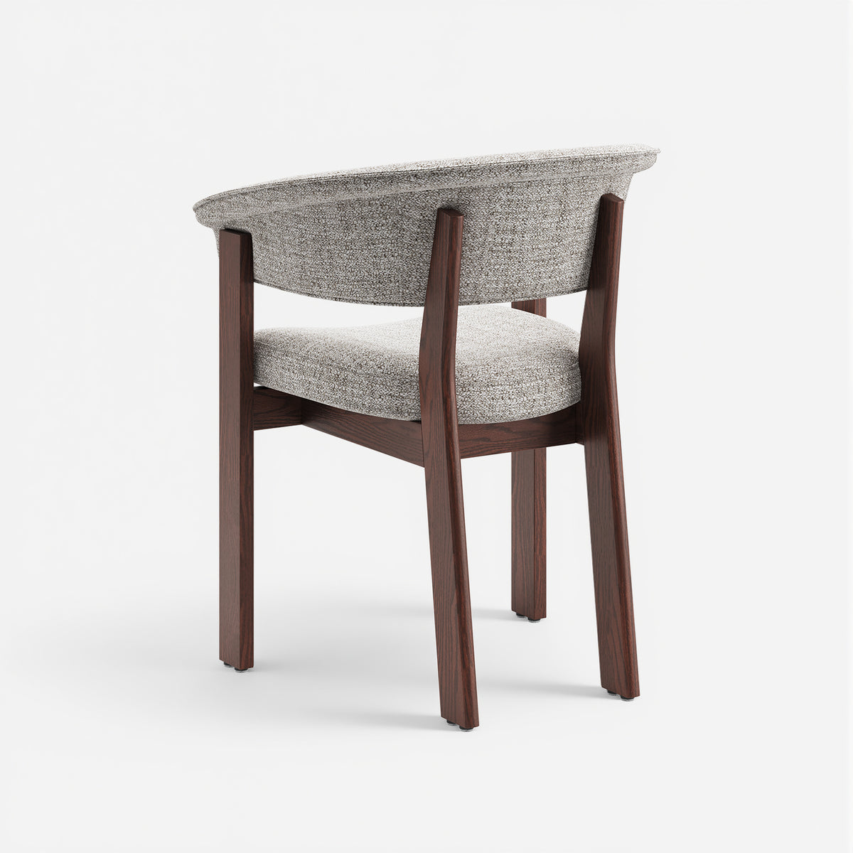 Rear three-quarter view of COLAMY Halo Luxe oatmeal dining chair with walnut solid oak frame