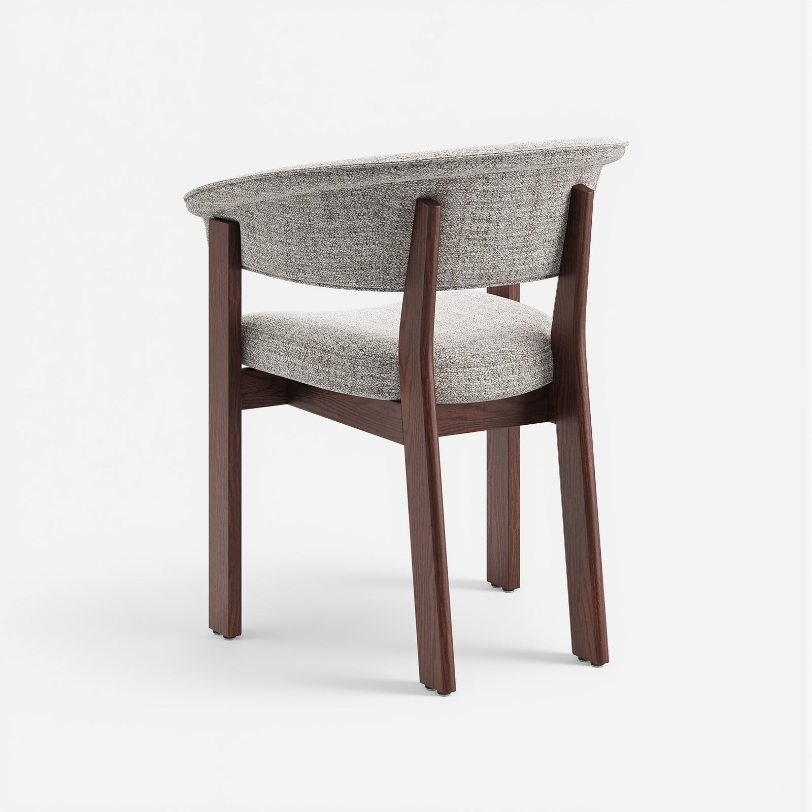 Rear three-quarter view of COLAMY Halo Prime oatmeal dining chair with walnut solid oak frame