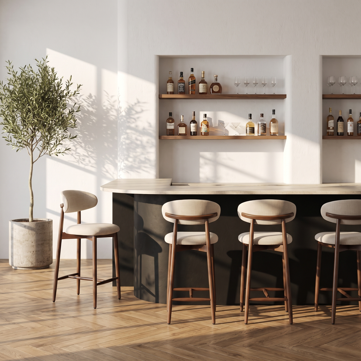 COLAMY ARLA Upholstered Wooden Scandi Minimalist Bar Stool