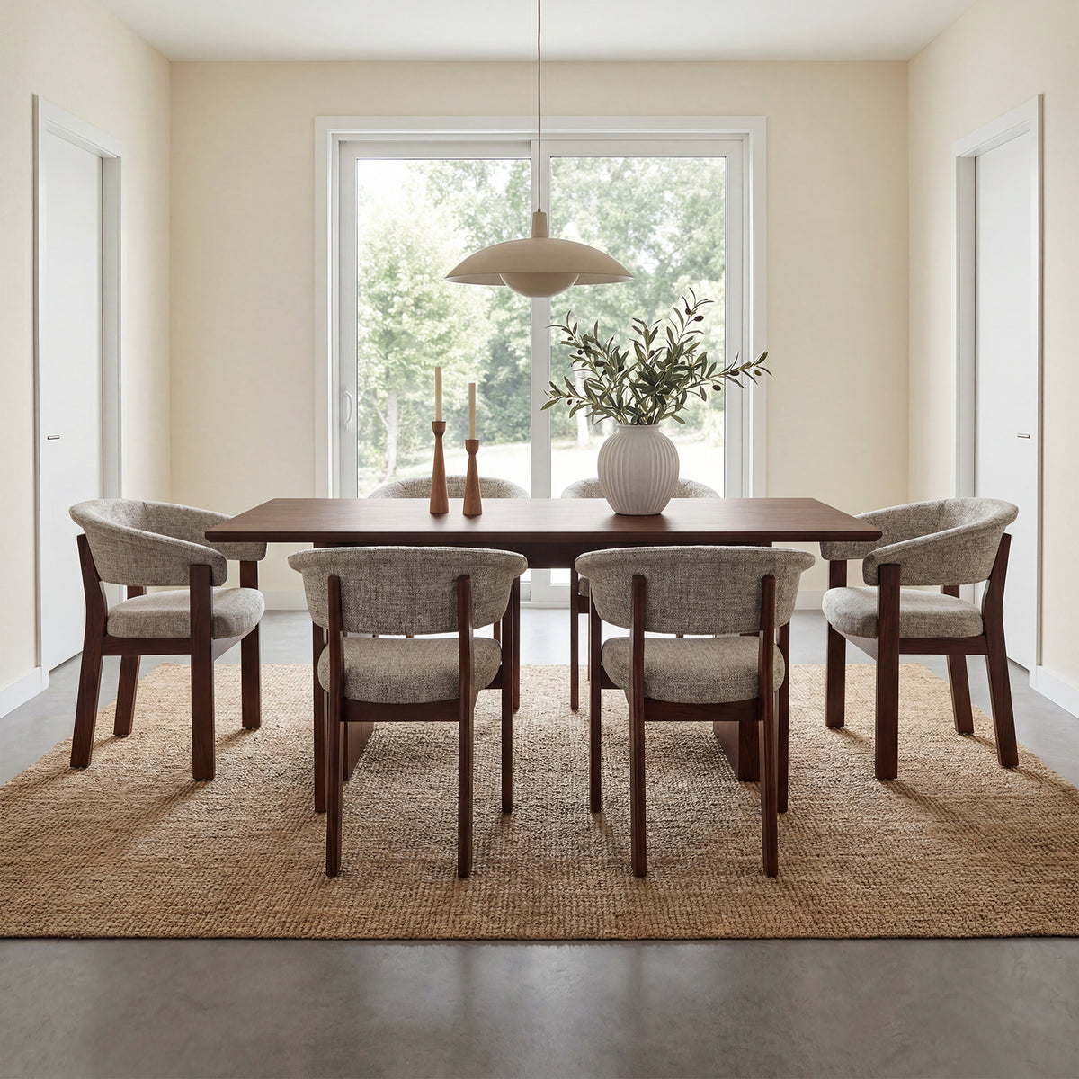 Six COLAMY Halo Luxe upholstered dining chairs with dark solid oak frames around a rectangular dining table