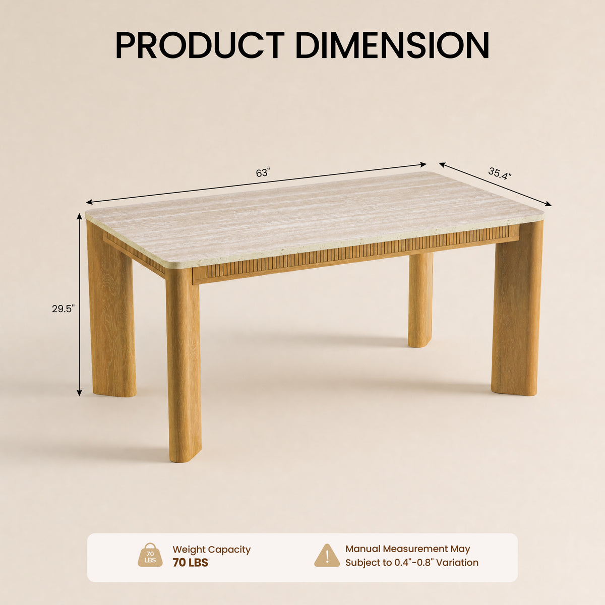 colamy verse 63 inch dining table dimensions 35.4x29.5 with 70 lbs capacity