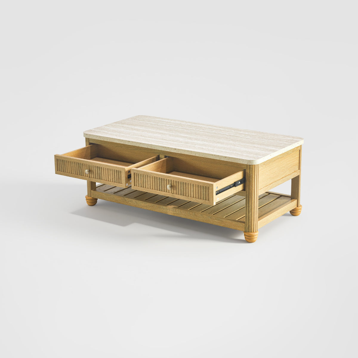 colamy verse fluted coffee table two drawers open white background
