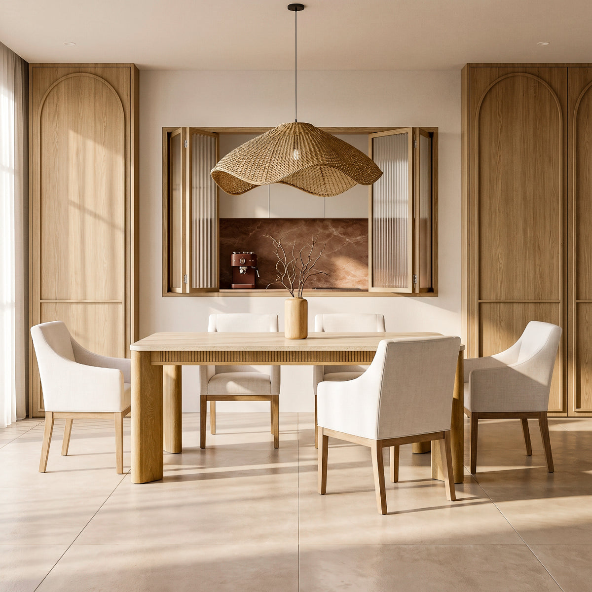 colamy verse quiet luxury dining room with 63 inch neutral dining table