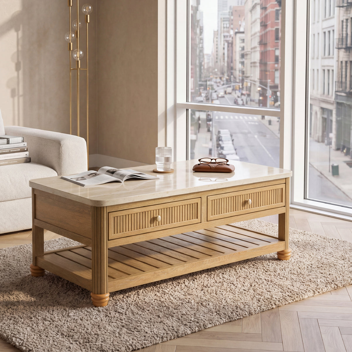 colamy verse rectangular coffee table with drawers and shelf living room