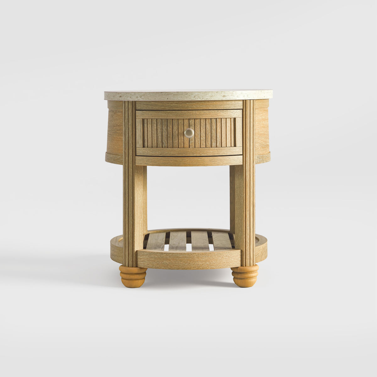 colamy verse round side table with drawer natural oak straight front view