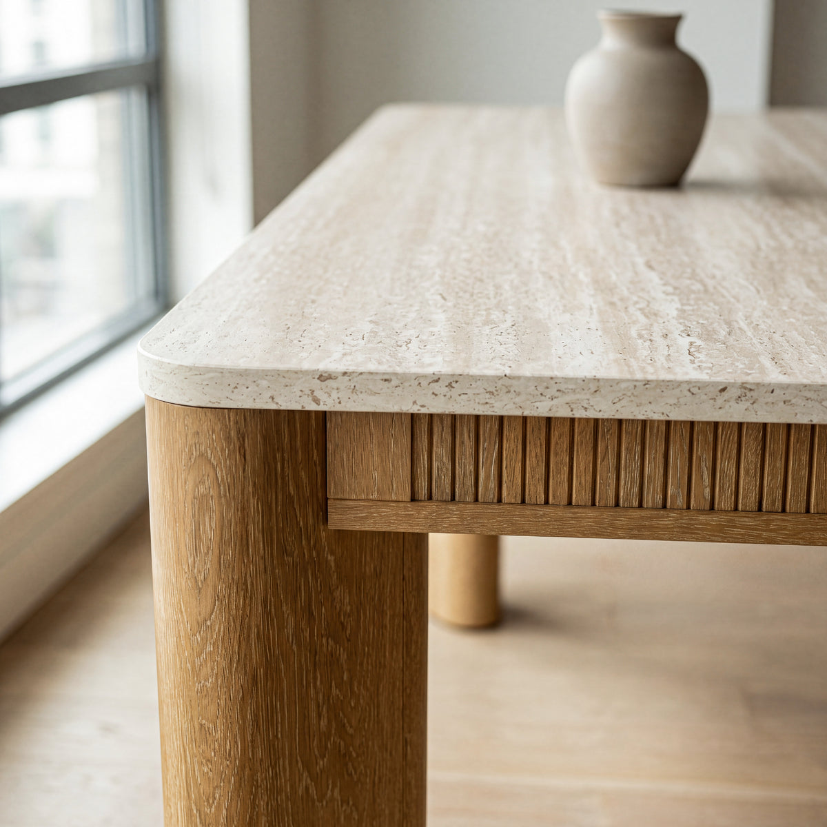 colamy verse stone look dining table top edge and warm wood leg detail