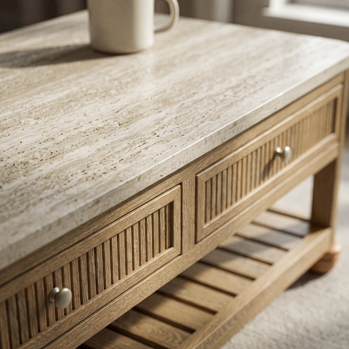 colamy verse storage coffee table stone top fluted drawer detail