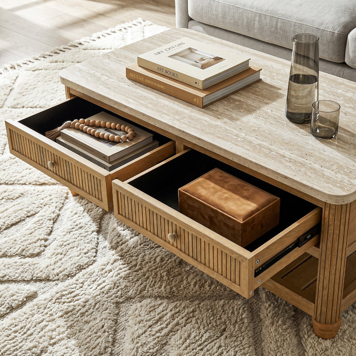 colamy verse storage coffee table two drawers open top view