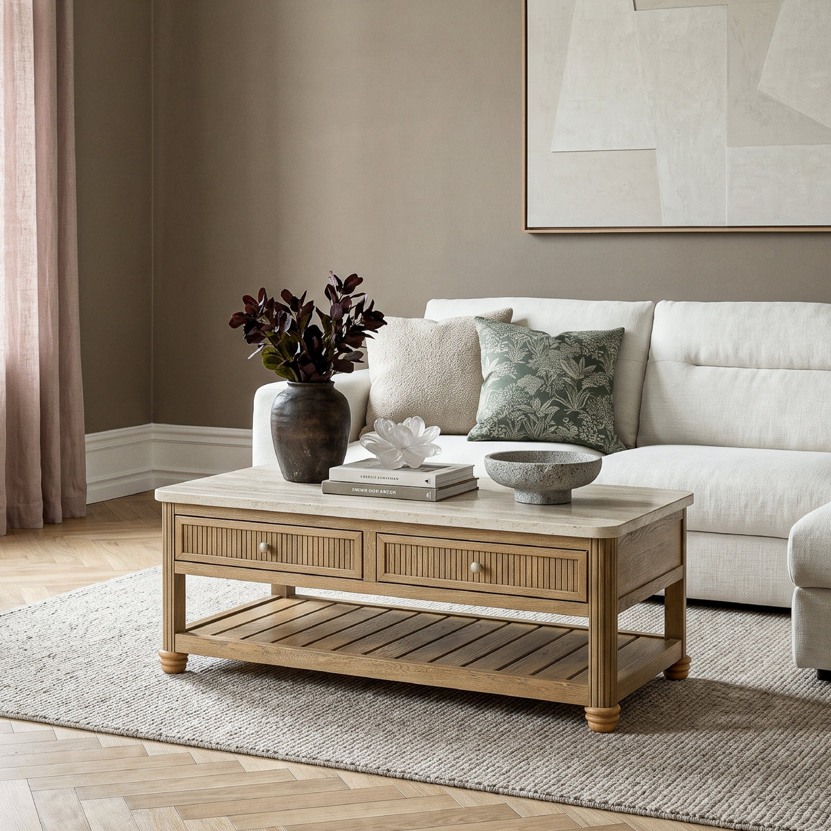 colamy verse warm wood coffee table with drawers modern living room